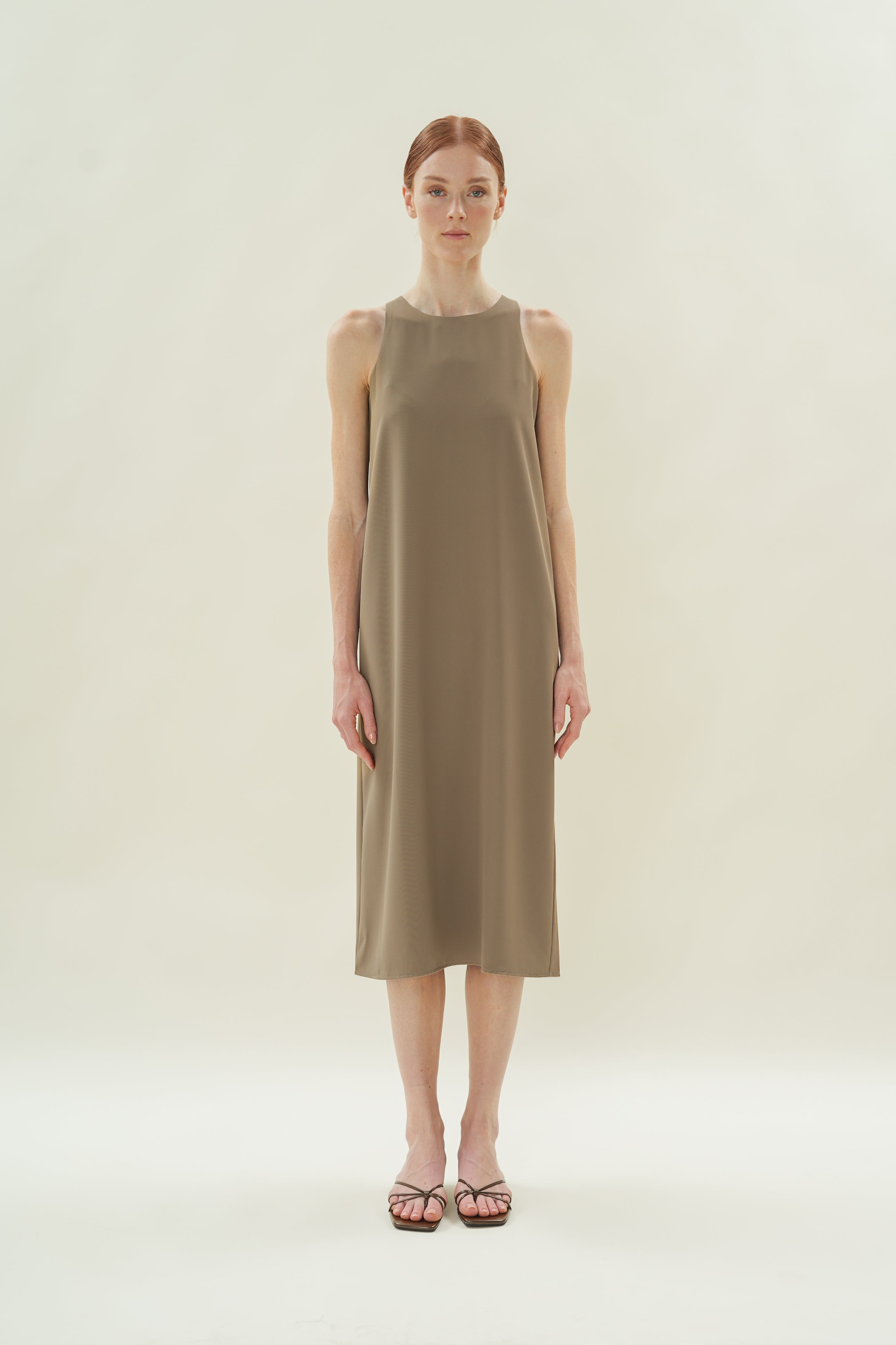 Round Neck Midi Dress in Taupe