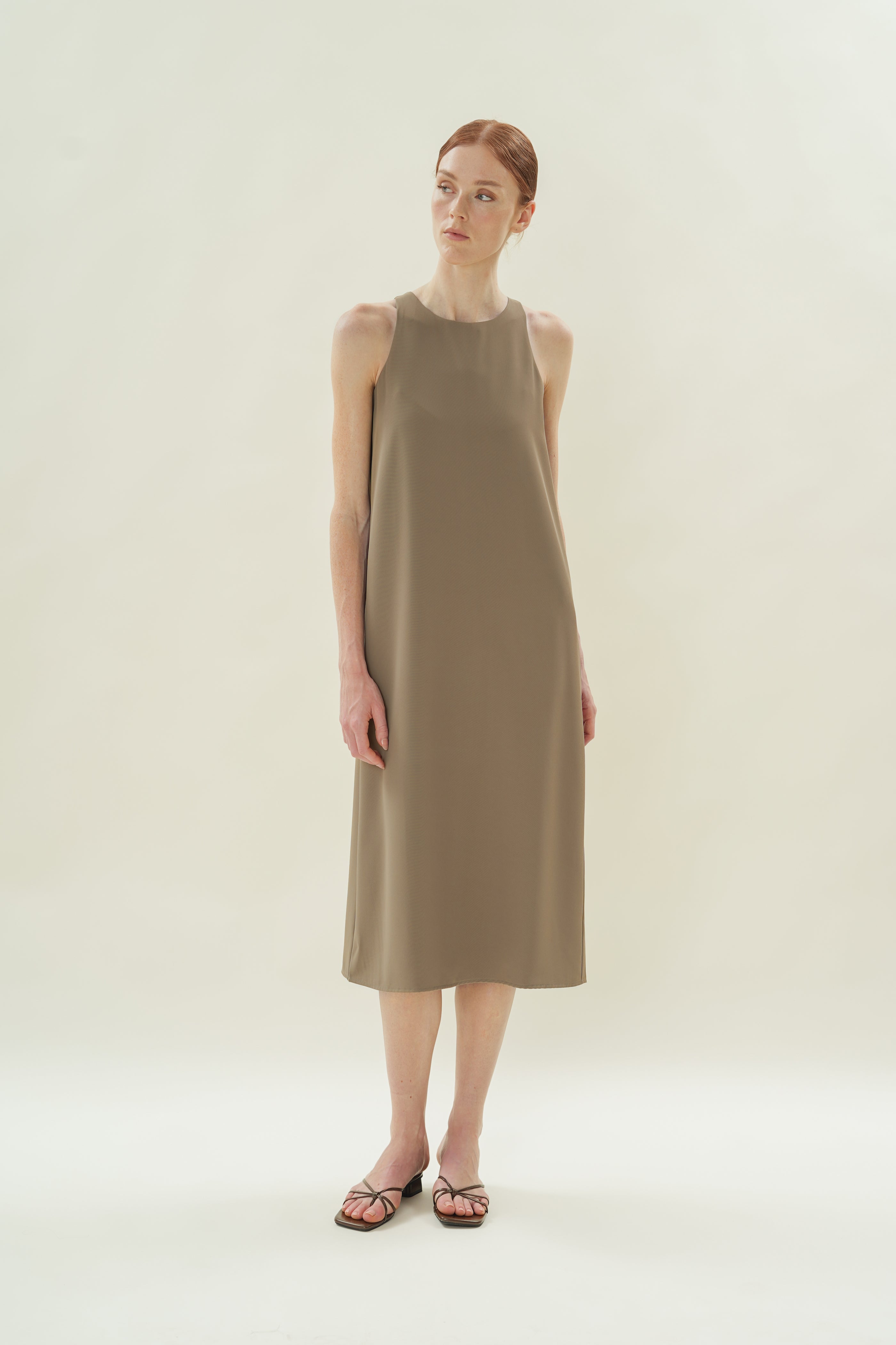 Round Neck Midi Dress in Taupe