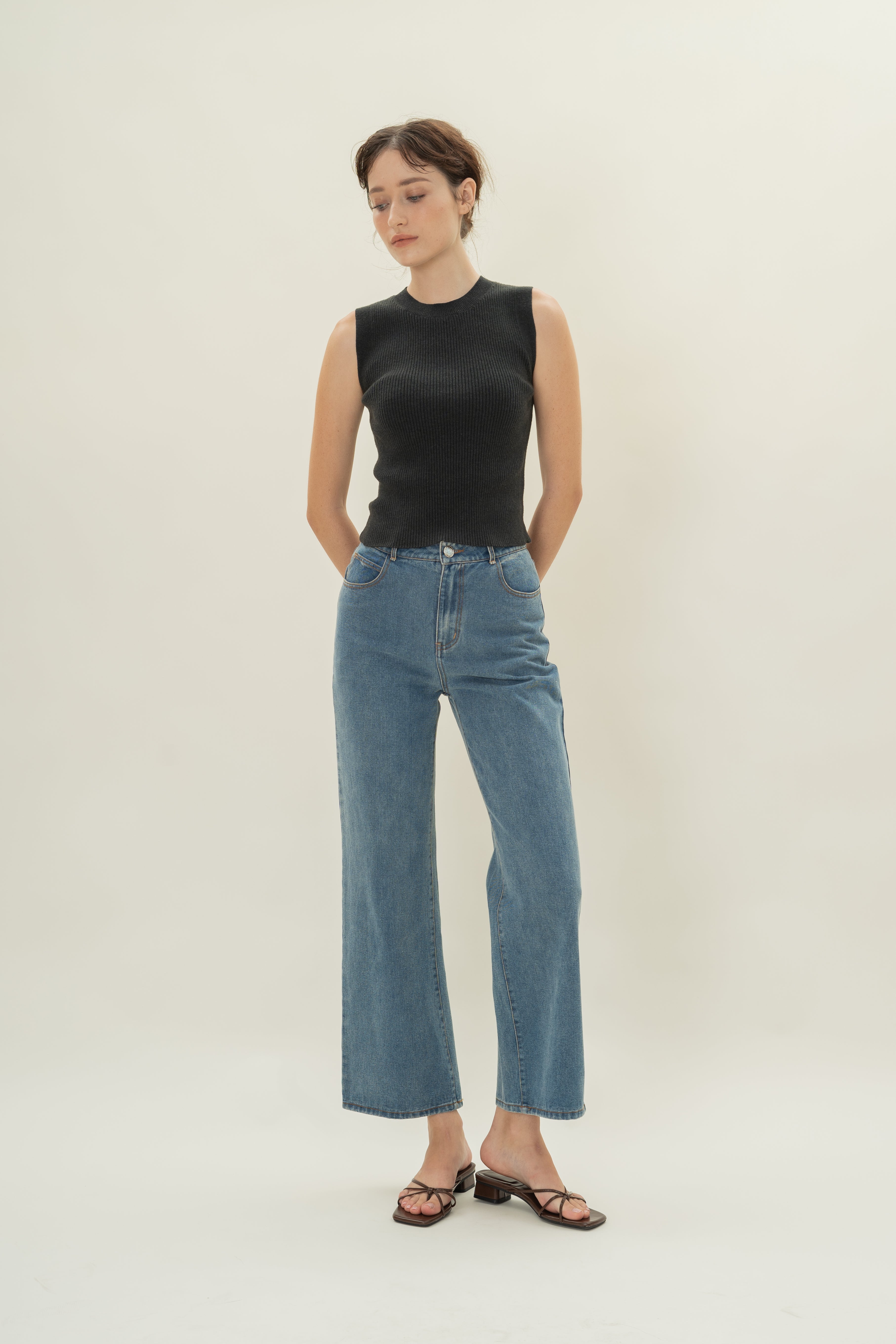 Knitted Tank with Rib Trimmings in Midnight