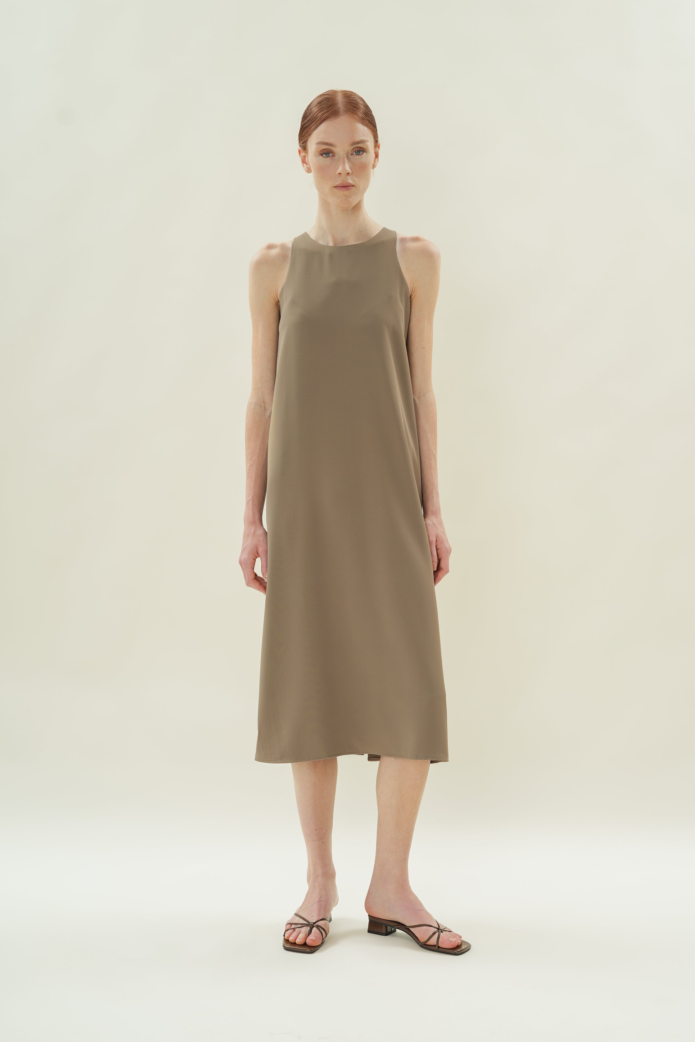 Round Neck Midi Dress in Taupe