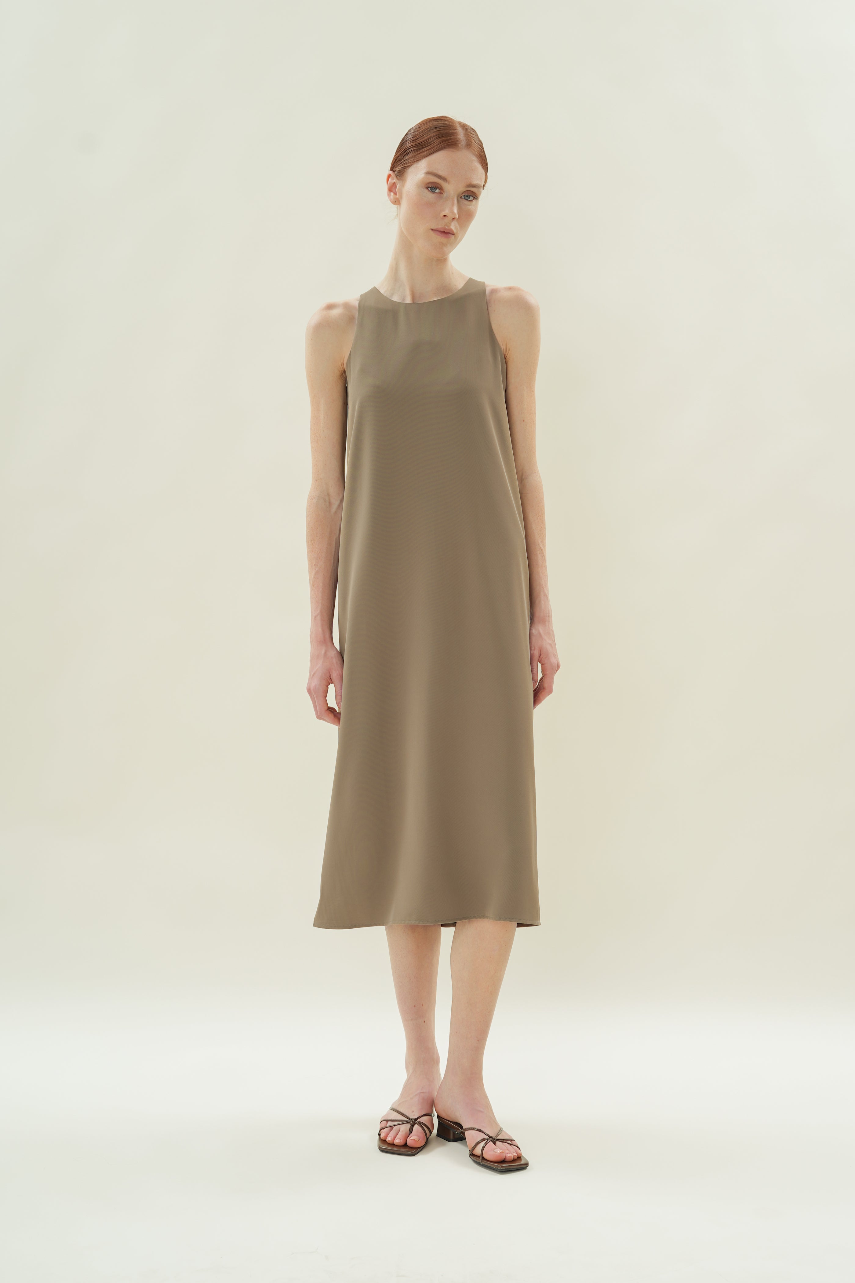 Round Neck Midi Dress in Taupe