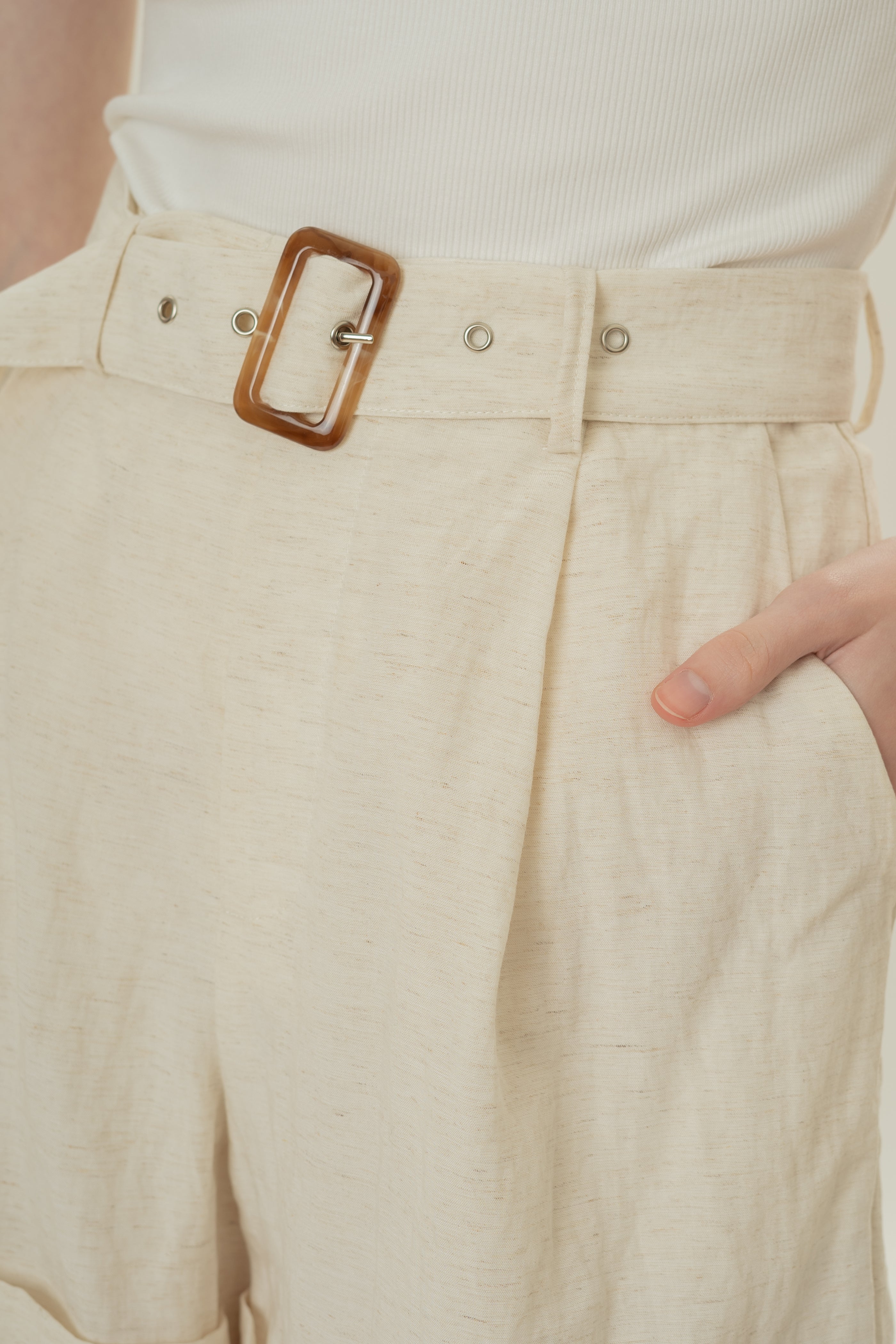 Belted Pleated Shorts in White