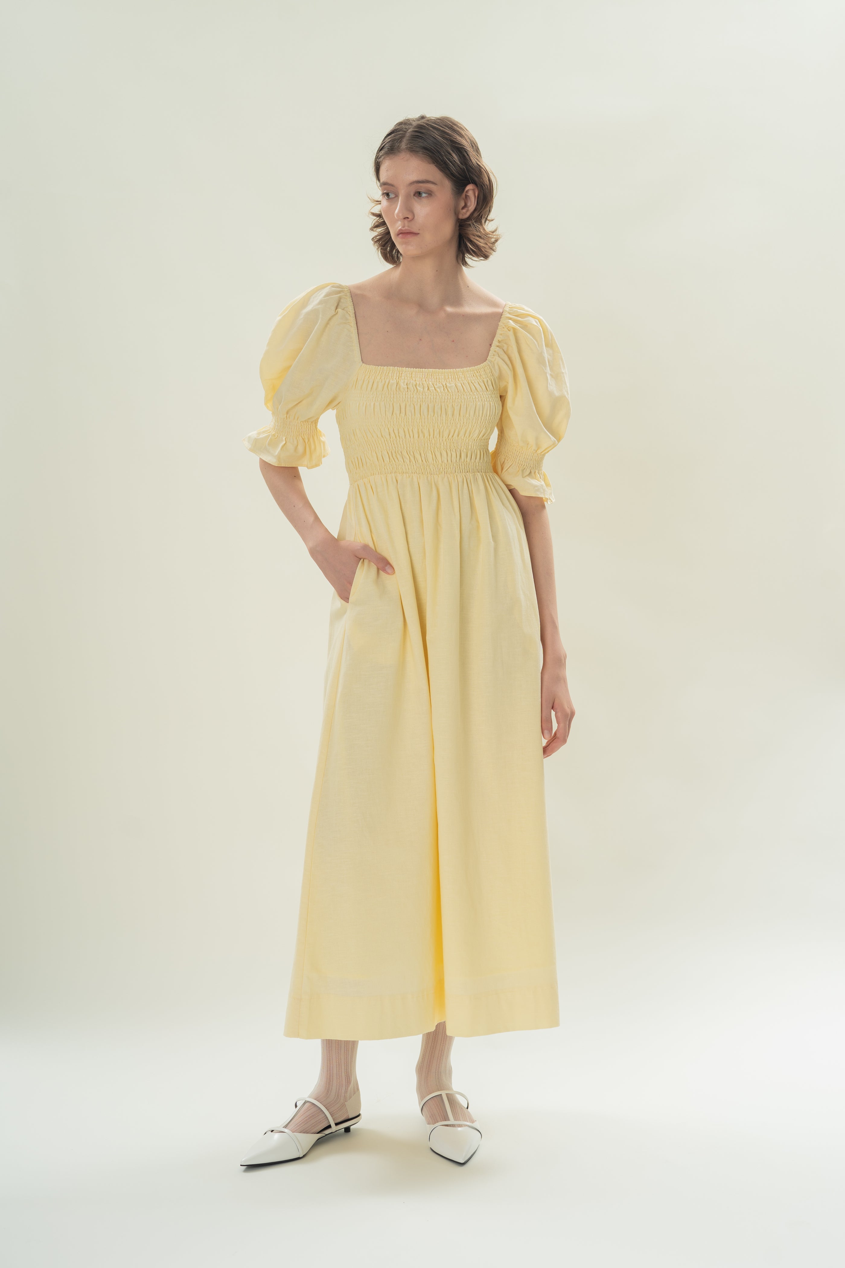 Puff Sleeve Midi Dress With Smocking Details in Eggnog