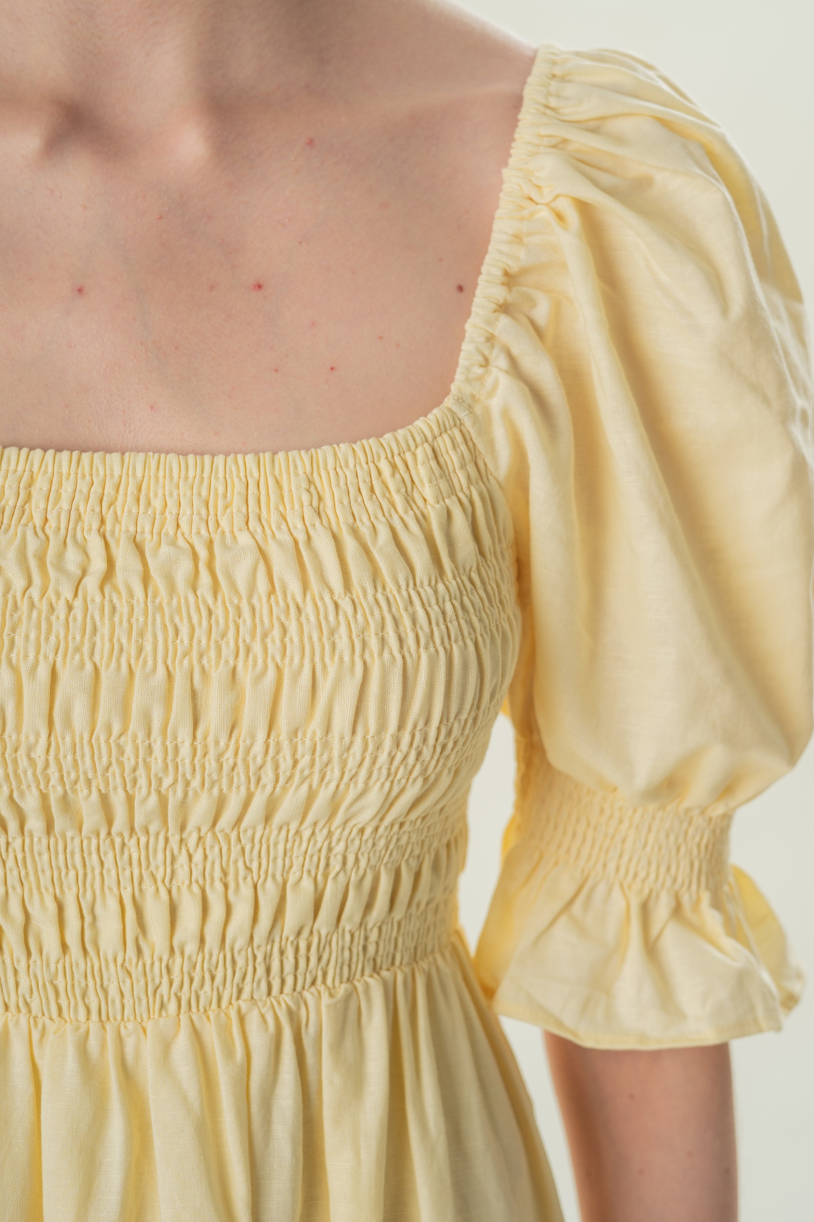 Puff Sleeve Midi Dress With Smocking Details in Eggnog