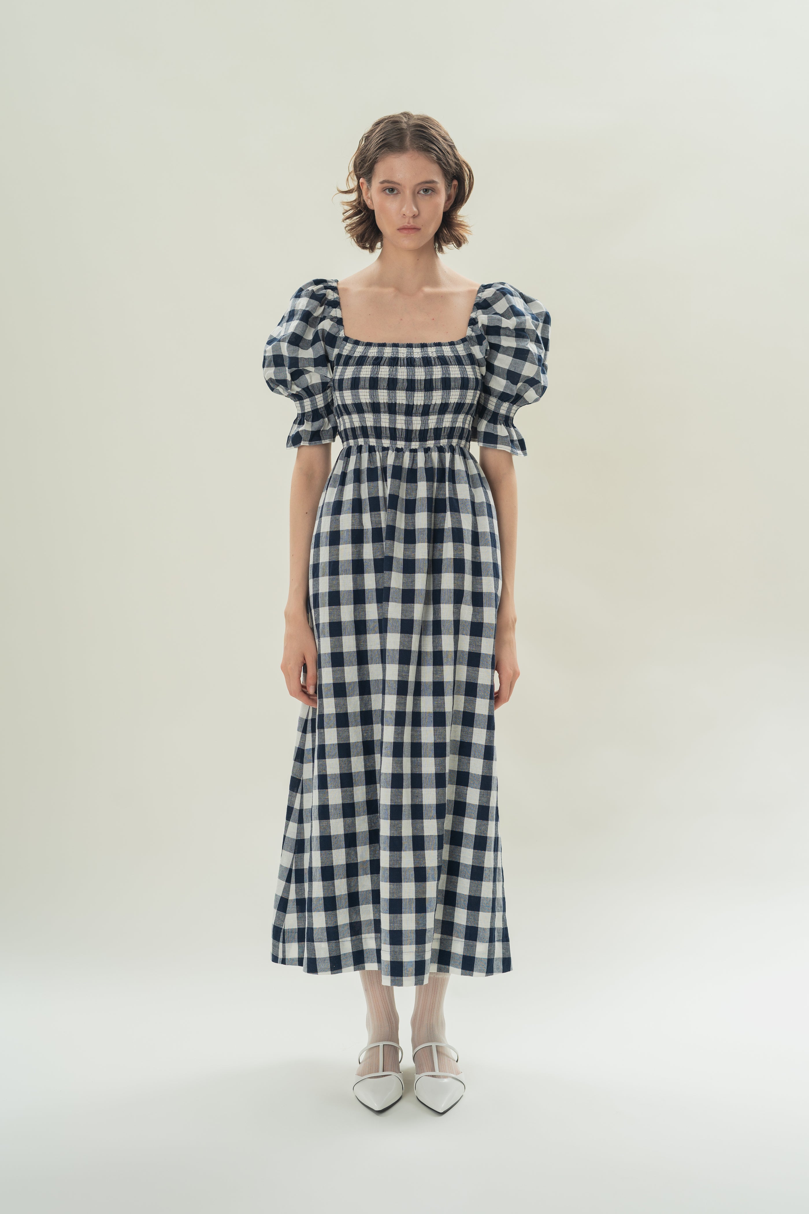 Puff Sleeve Midi Dress With Smocking Details in Navy Gingham