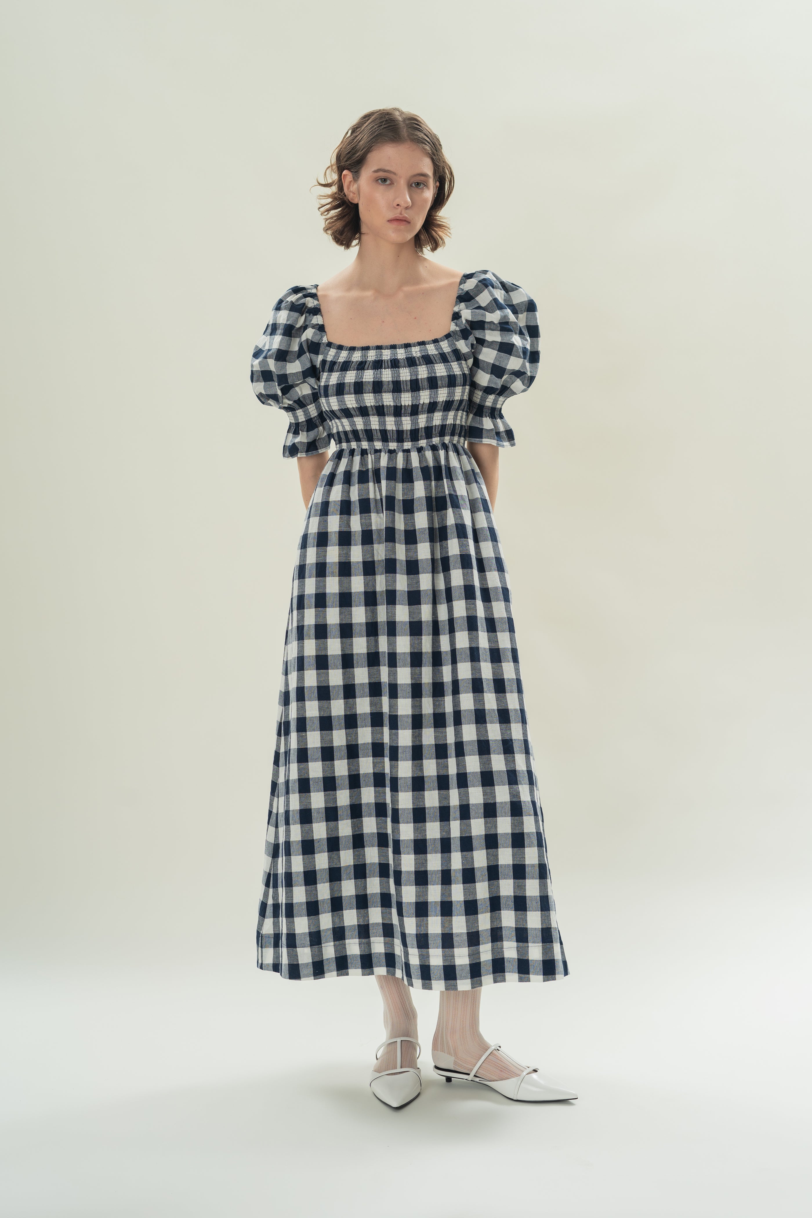 Puff Sleeve Midi Dress With Smocking Details in Navy Gingham