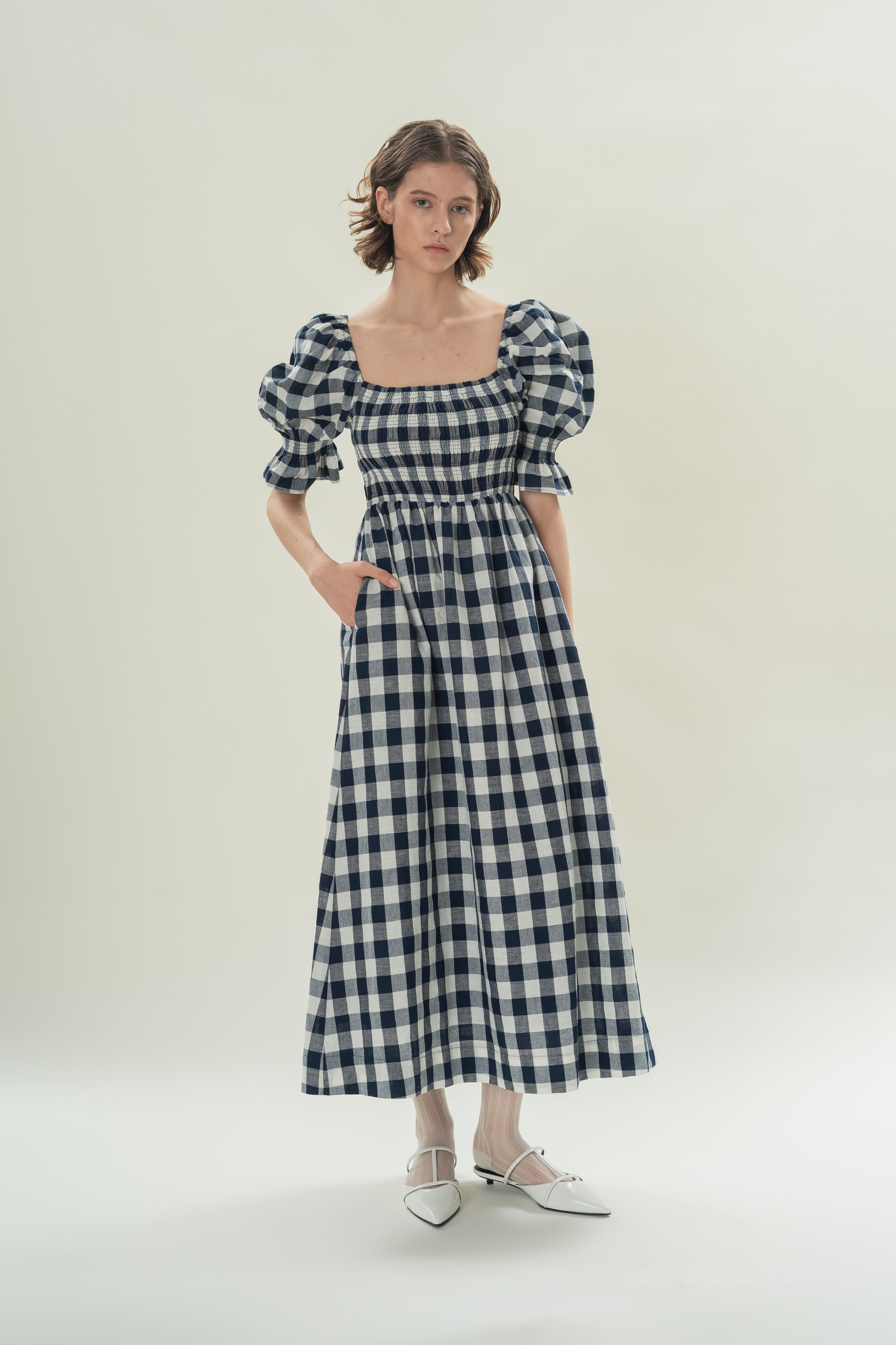 Puff Sleeve Midi Dress With Smocking Details in Navy Gingham