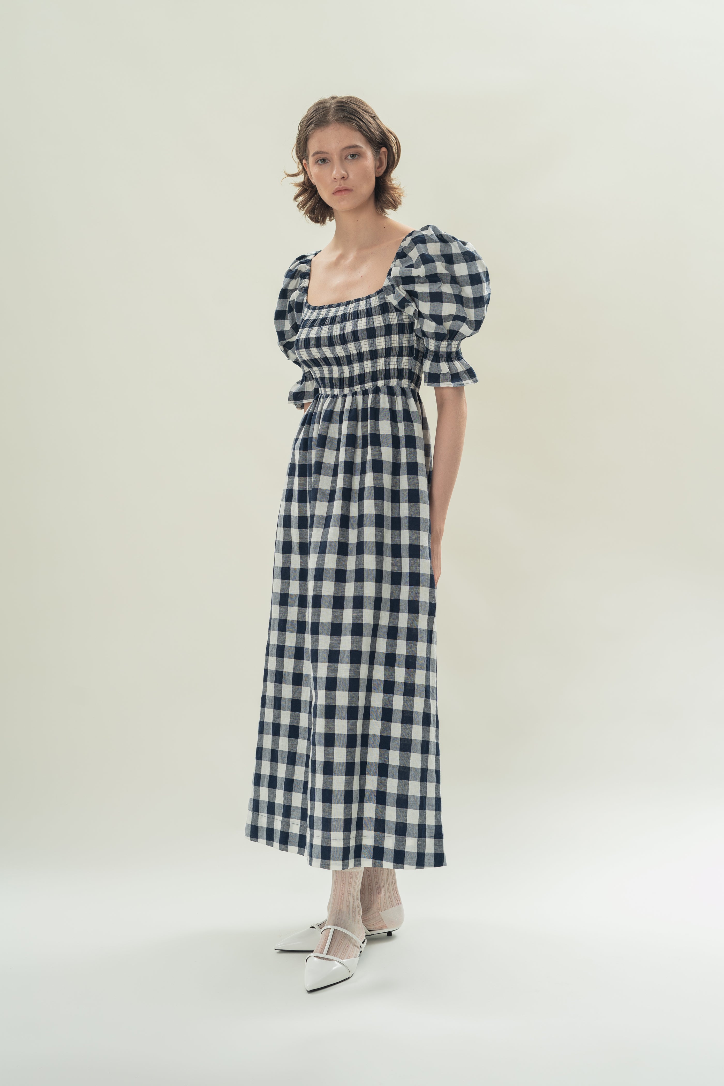 Puff Sleeve Midi Dress With Smocking Details in Navy Gingham