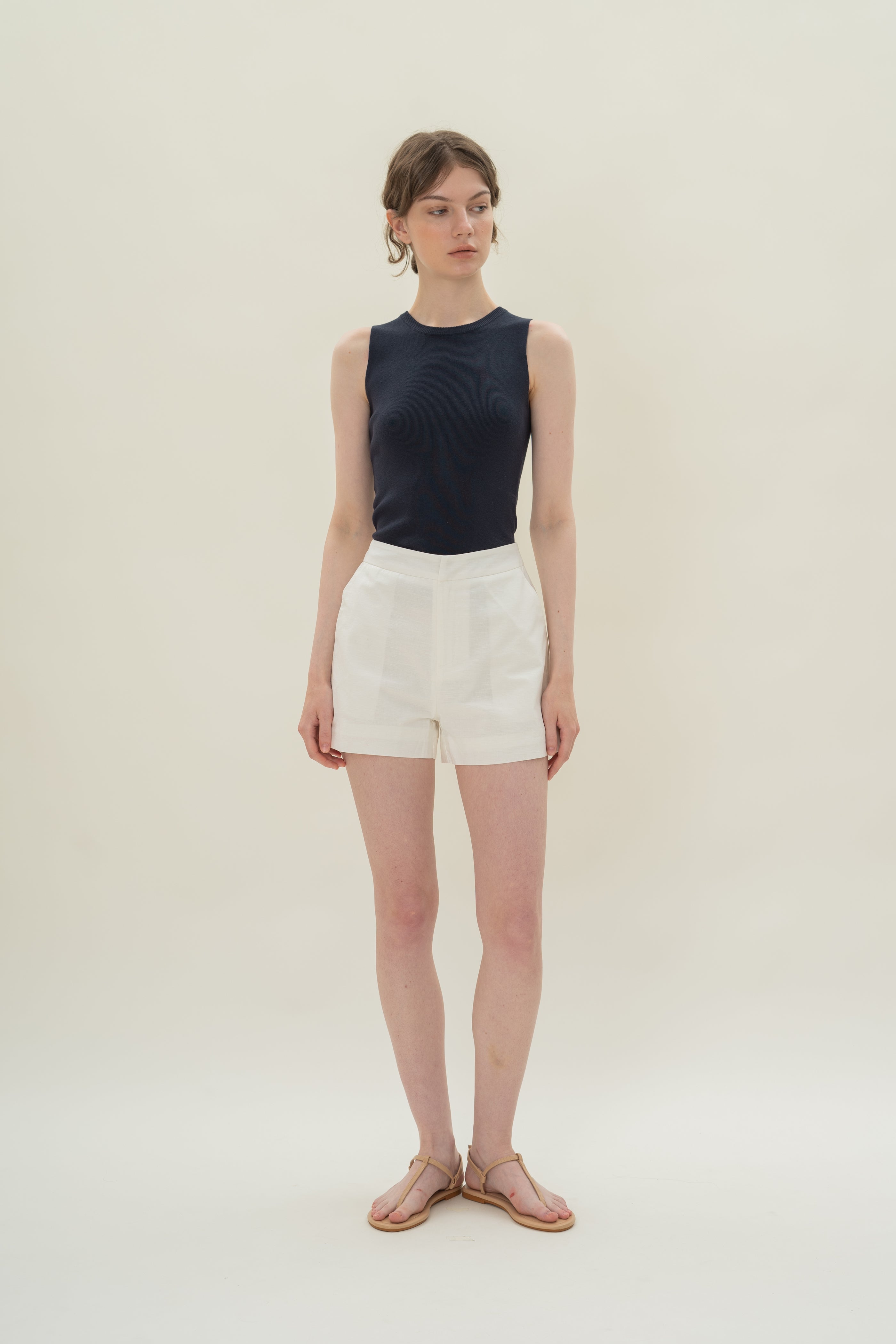 Relaxed Textured Linen Shorts in White