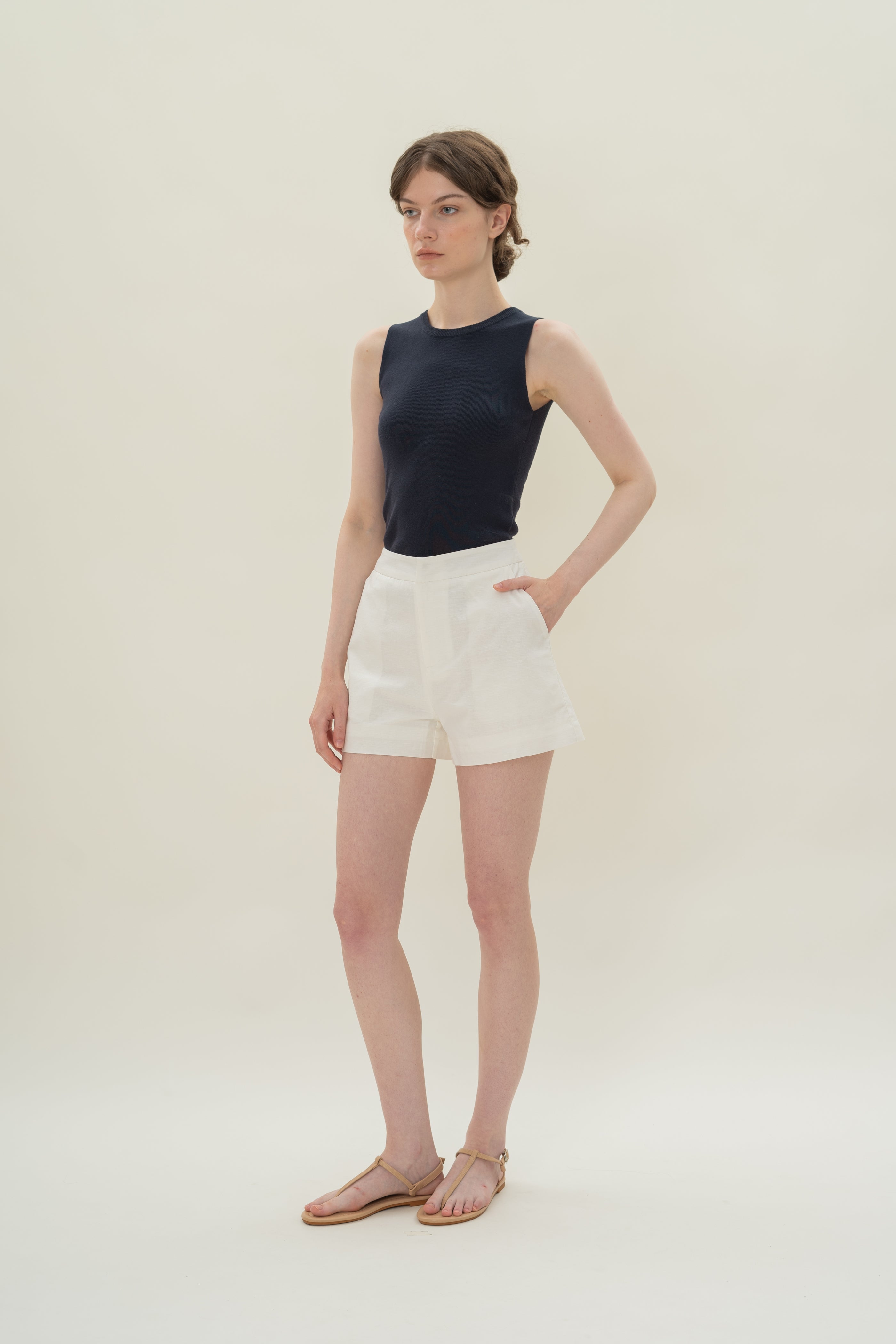 Relaxed Textured Linen Shorts in White