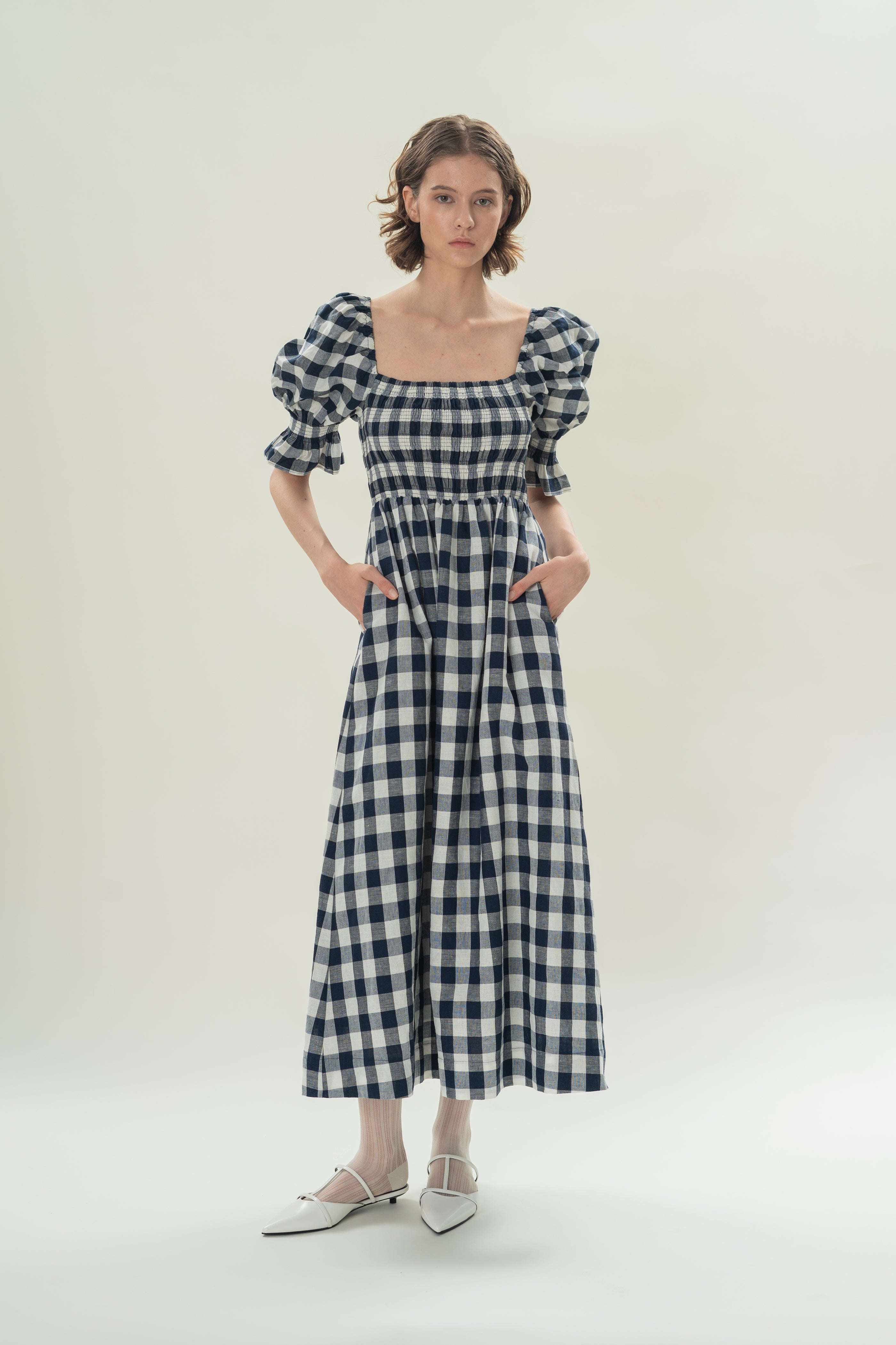 Puff Sleeve Midi Dress With Smocking Details in Navy Gingham