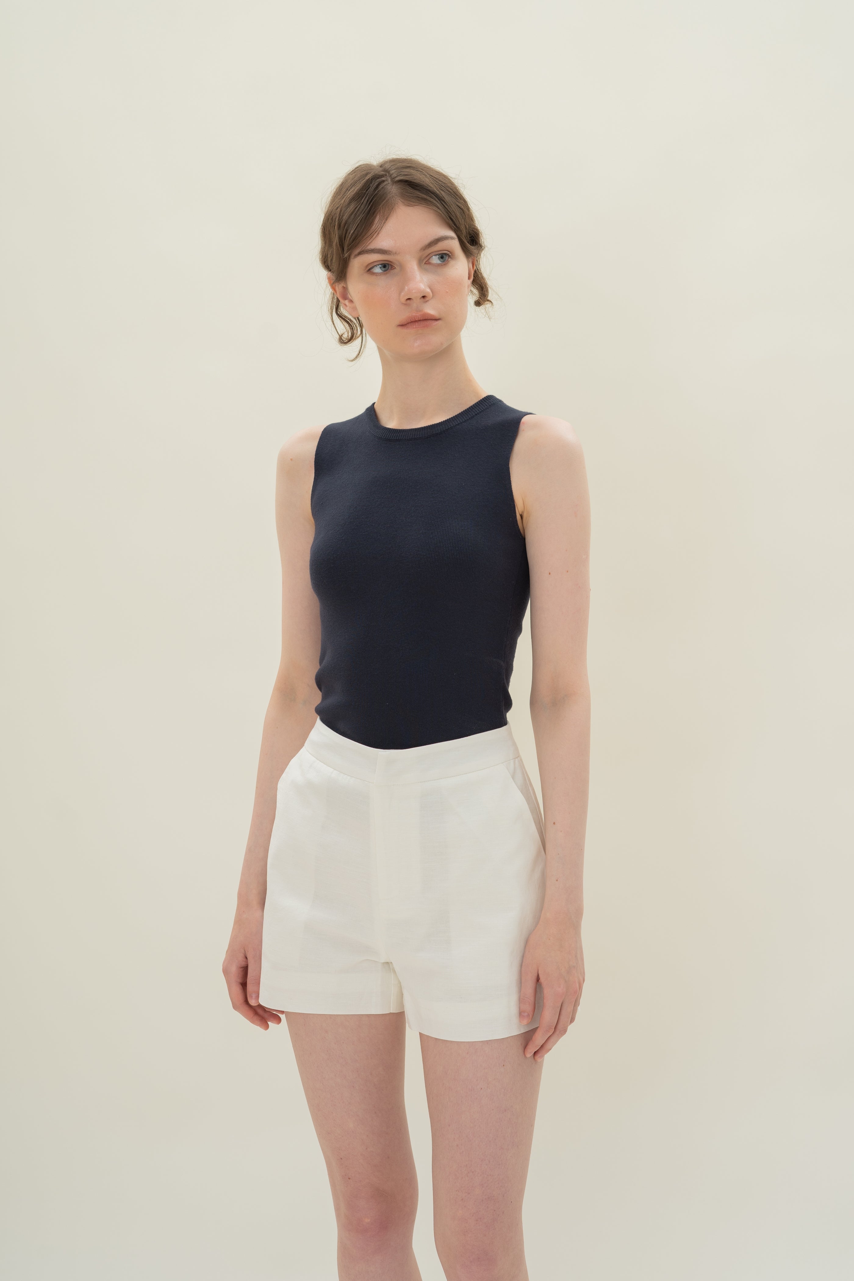 Relaxed Textured Linen Shorts in White