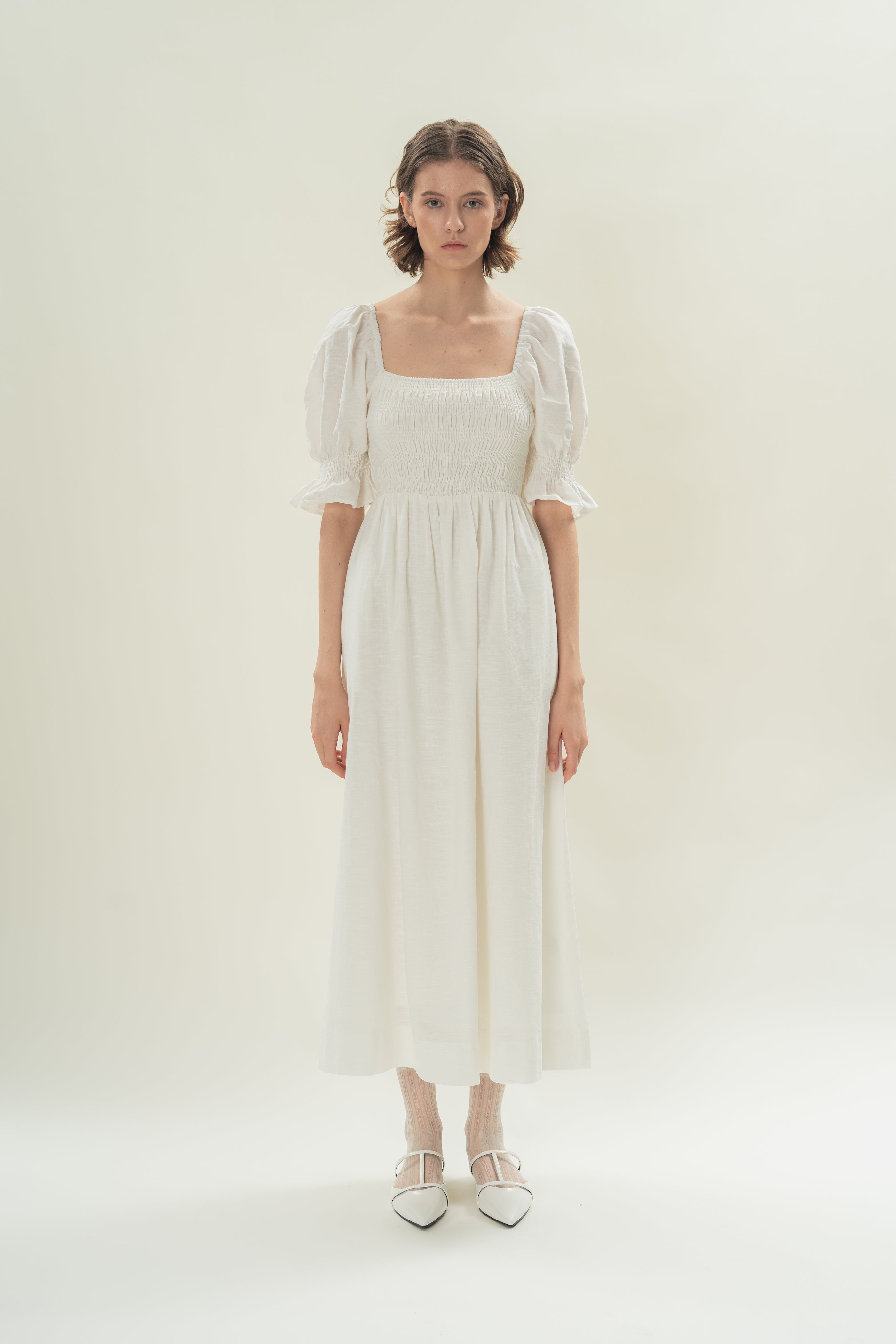 Puff Sleeve Midi Dress With Smocking Details in White