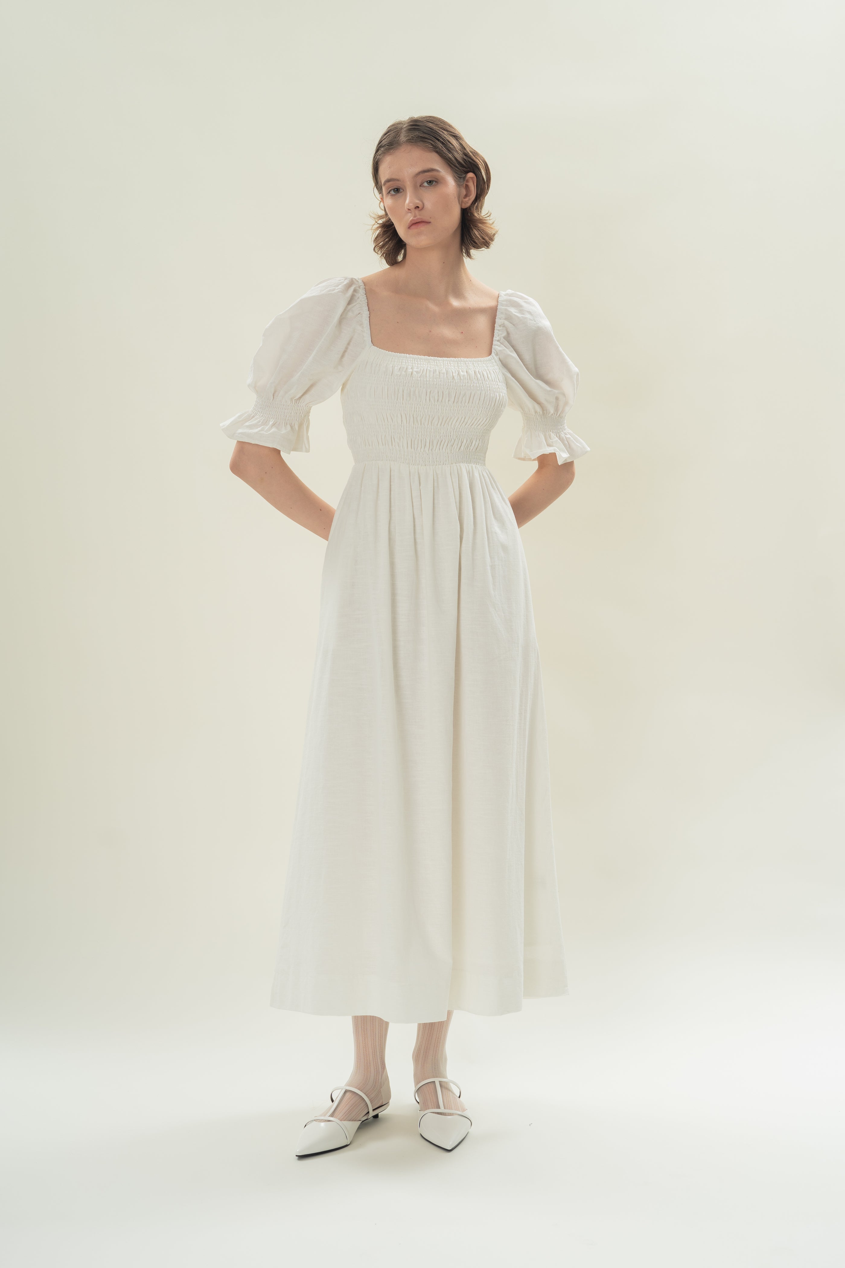 Puff Sleeve Midi Dress With Smocking Details in White