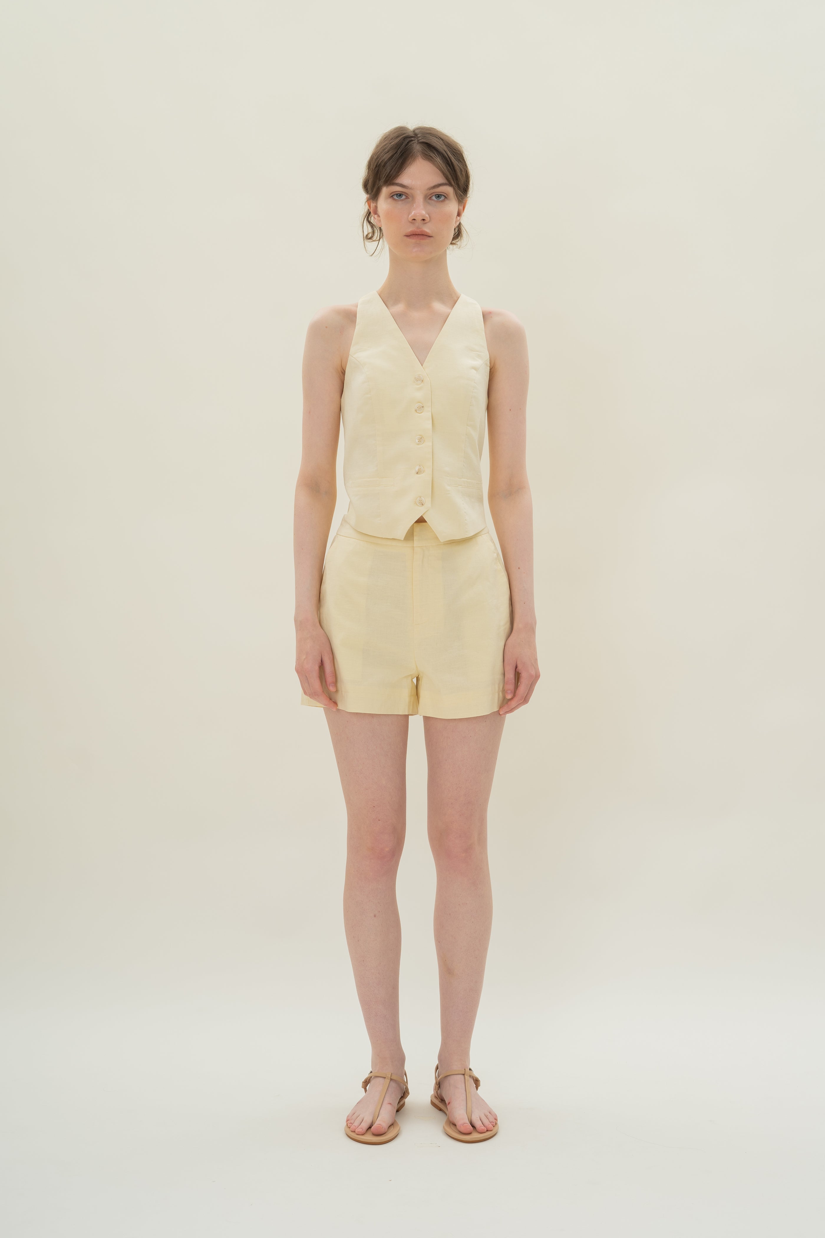 Linen Halter Padded Waistcoat in Eggnog