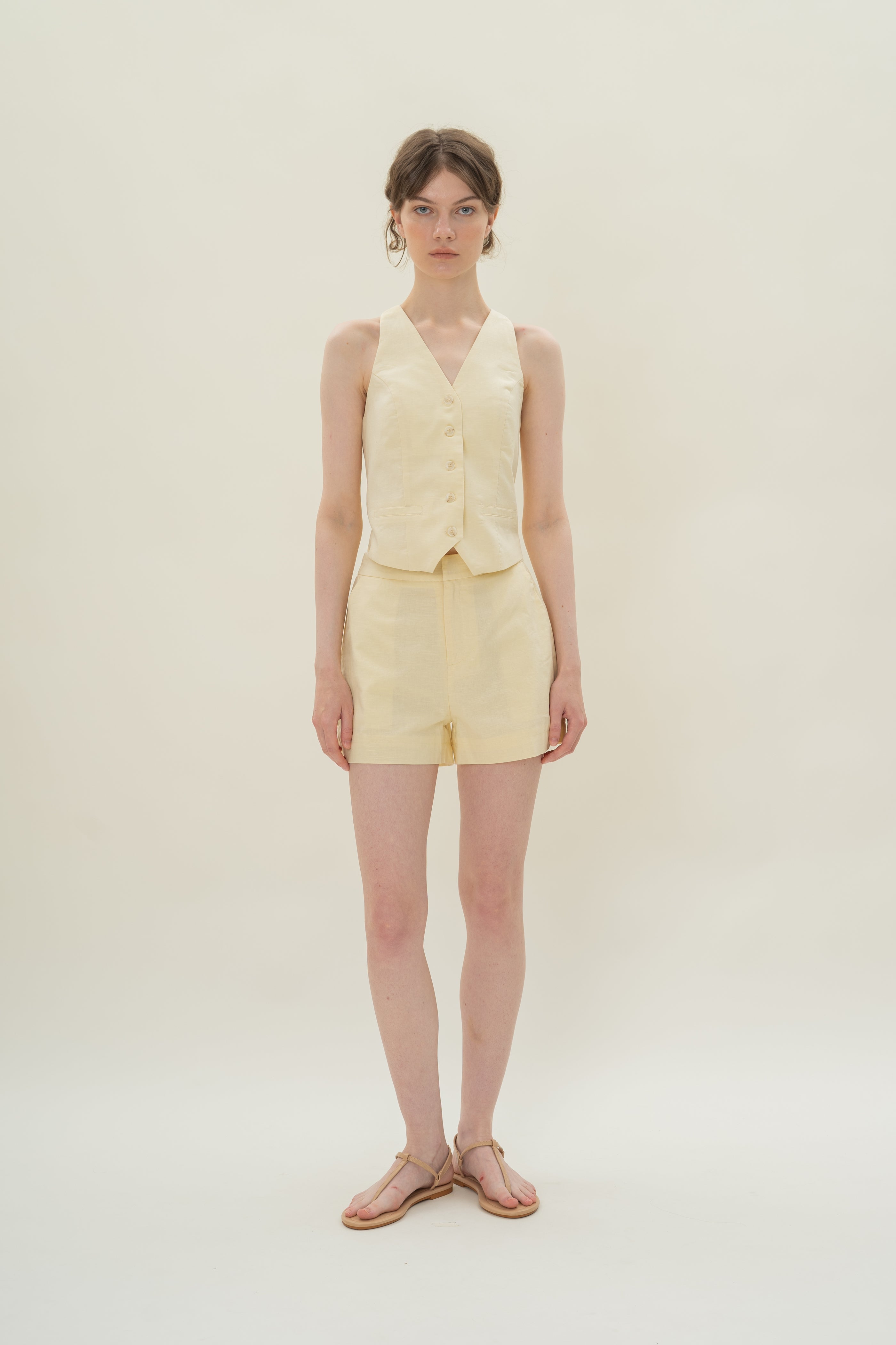 Linen Halter Padded Waistcoat in Eggnog