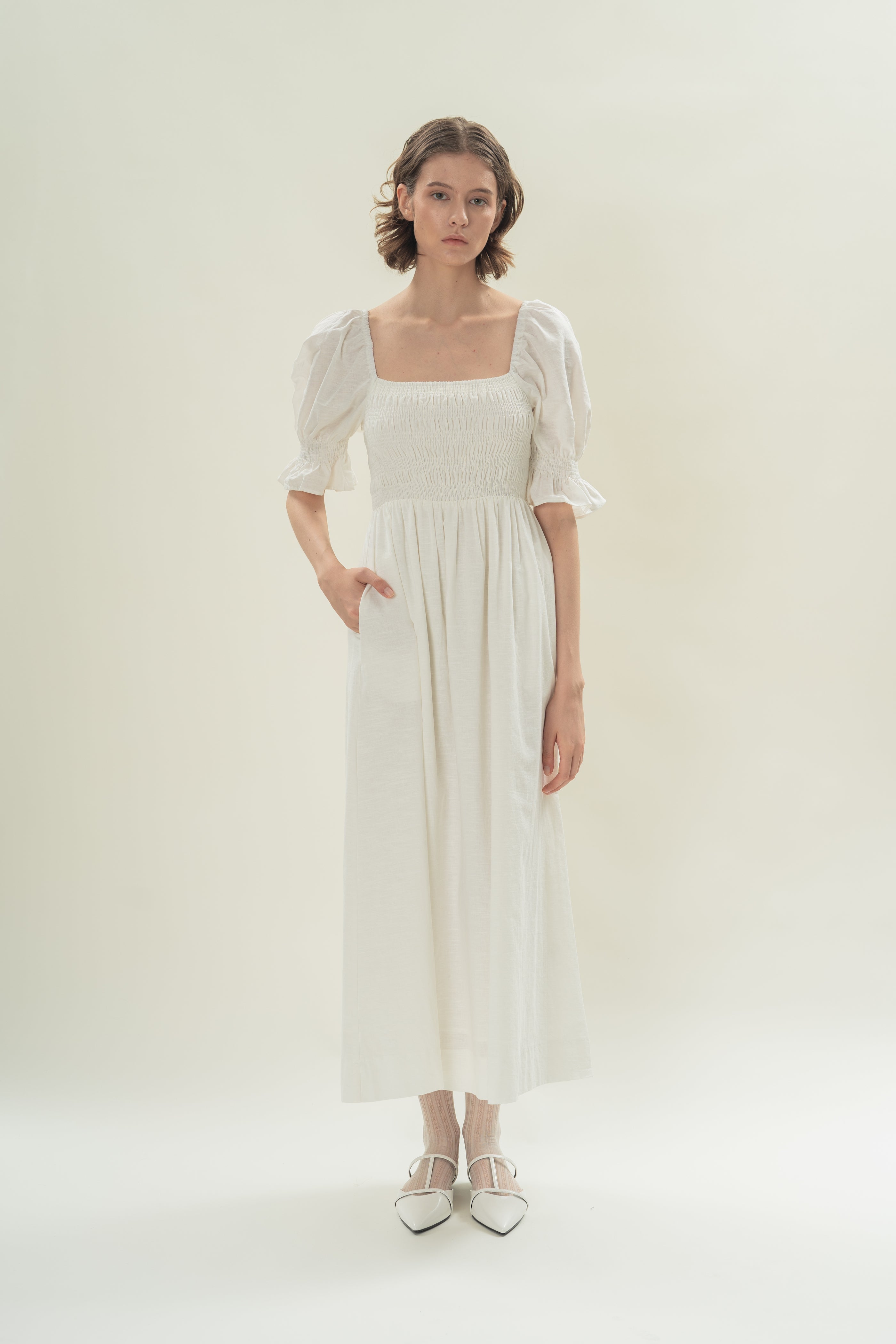 Puff Sleeve Midi Dress With Smocking Details in White