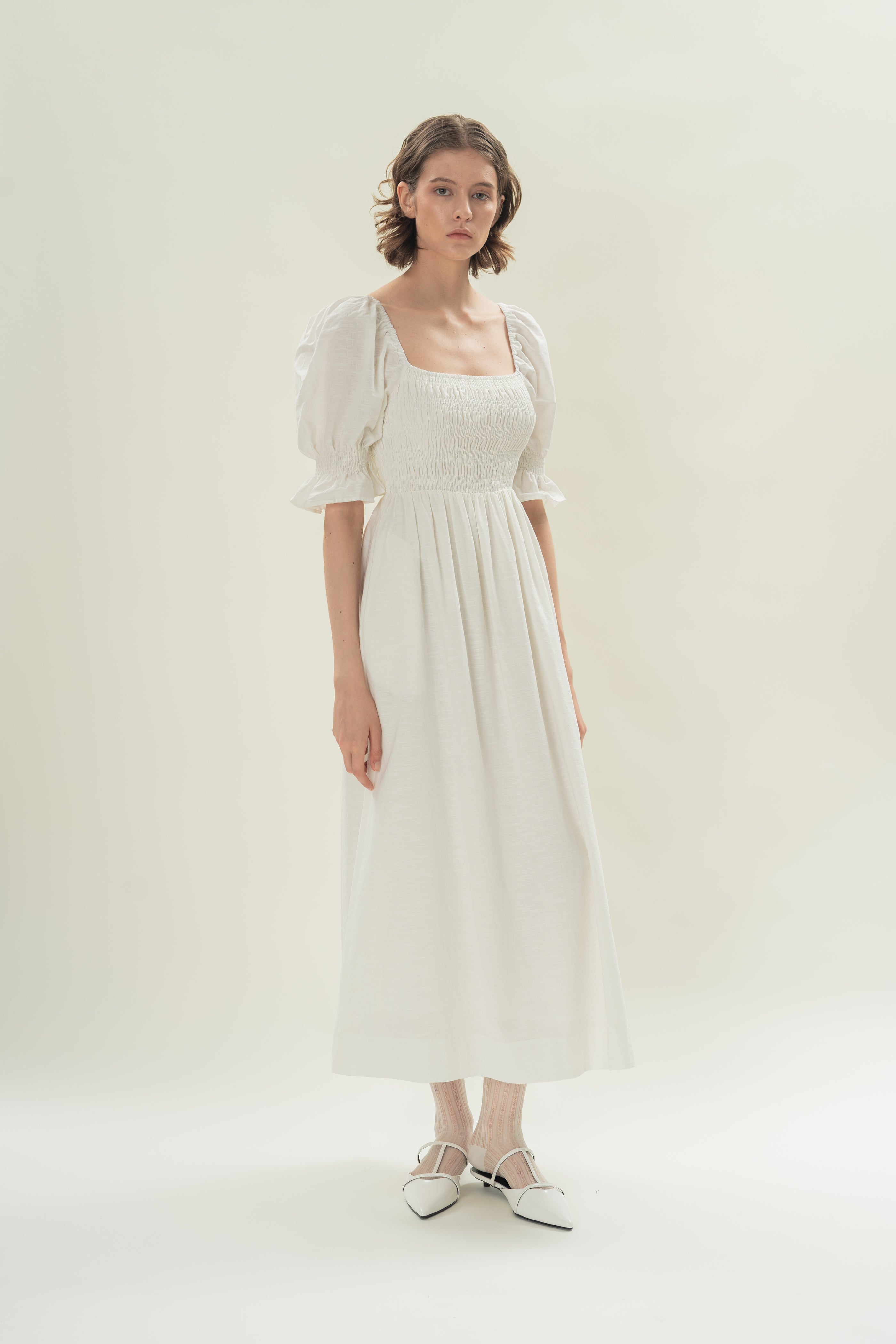 Puff Sleeve Midi Dress With Smocking Details in White