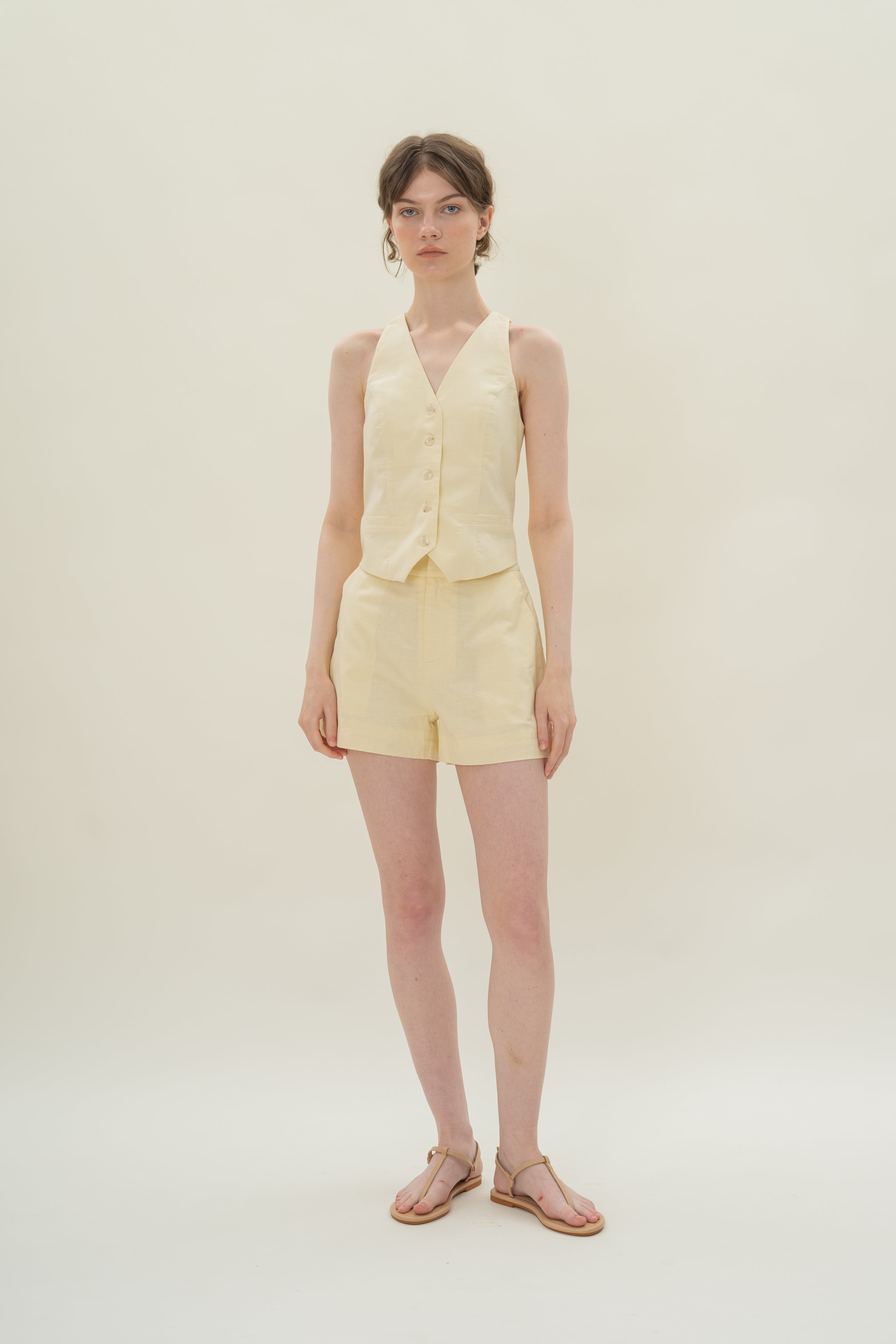 Linen Halter Padded Waistcoat in Eggnog