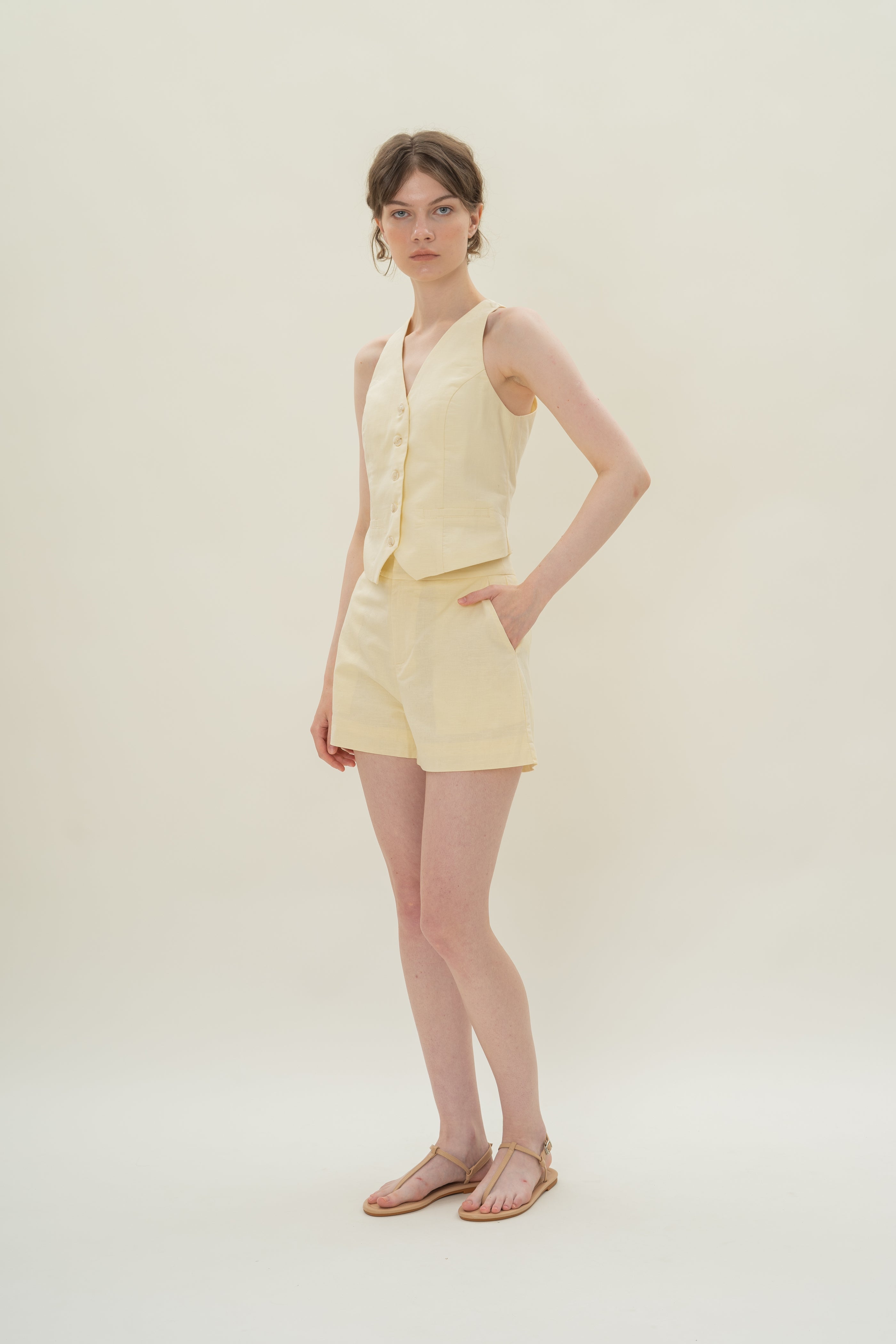 Linen Halter Padded Waistcoat in Eggnog