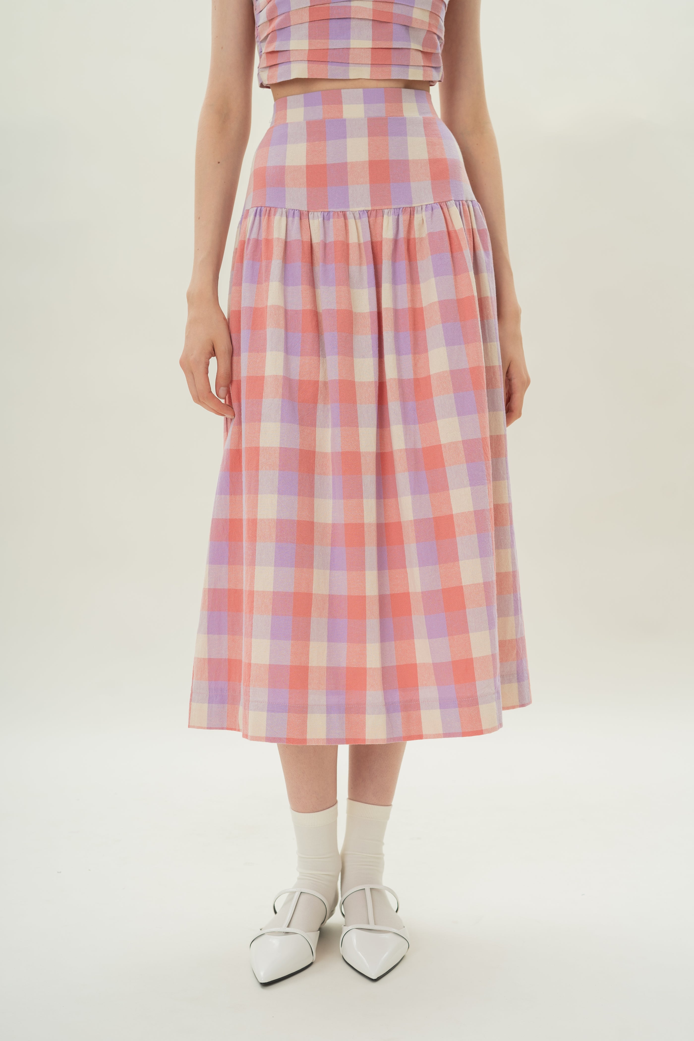 Panelled Midi Skirt With Gathers in Joie Gingham