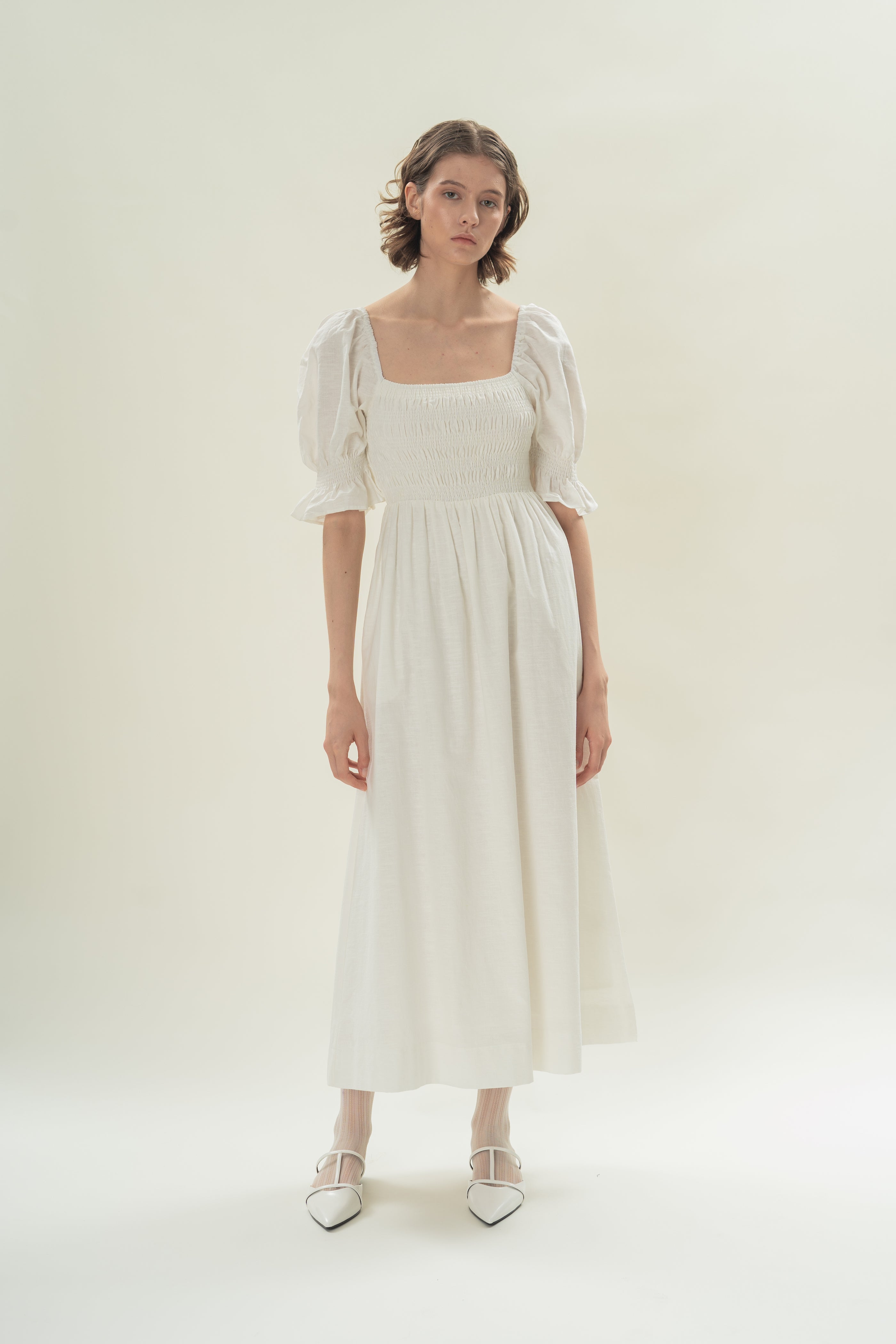 Puff Sleeve Midi Dress With Smocking Details in White