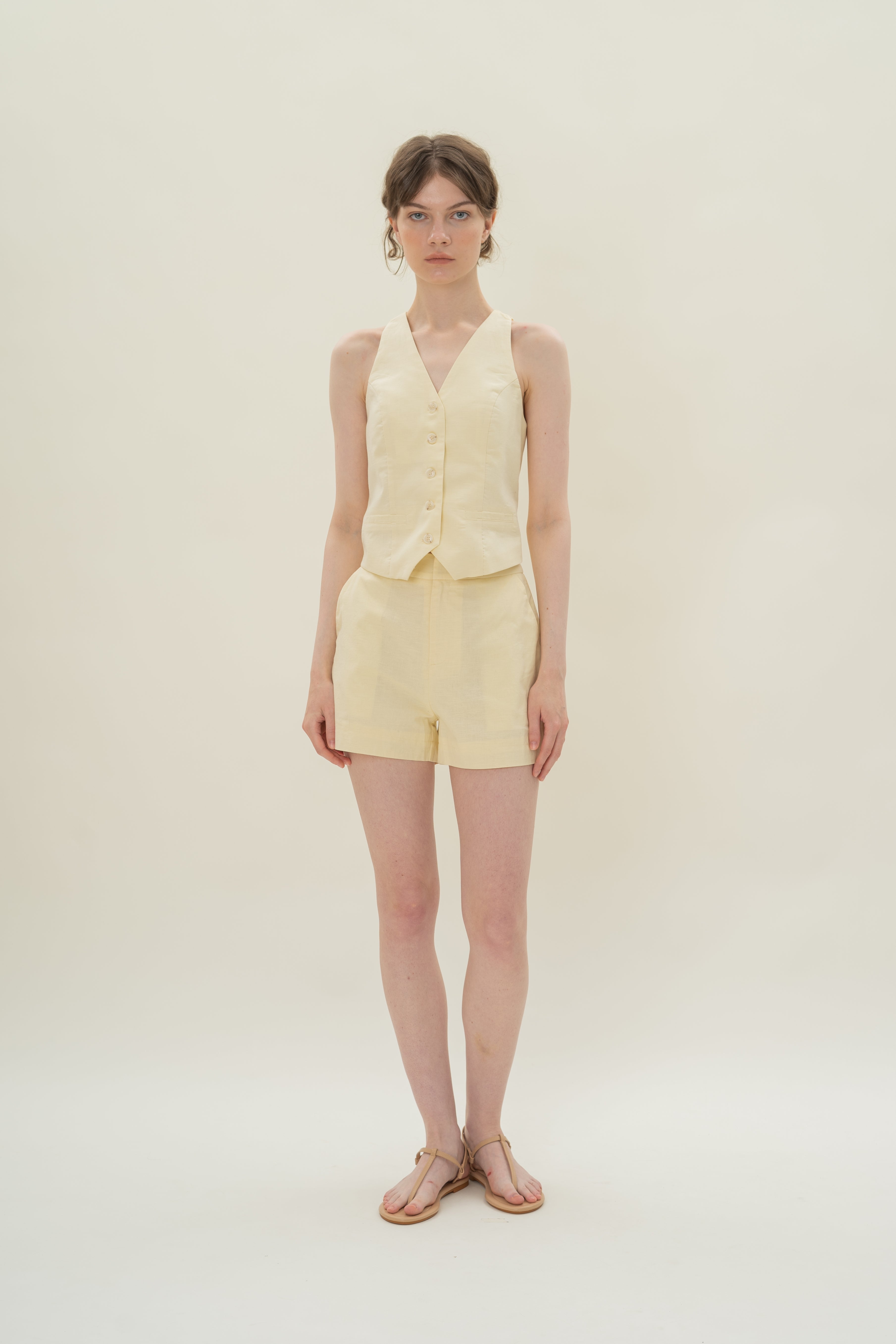 Linen Halter Padded Waistcoat in Eggnog