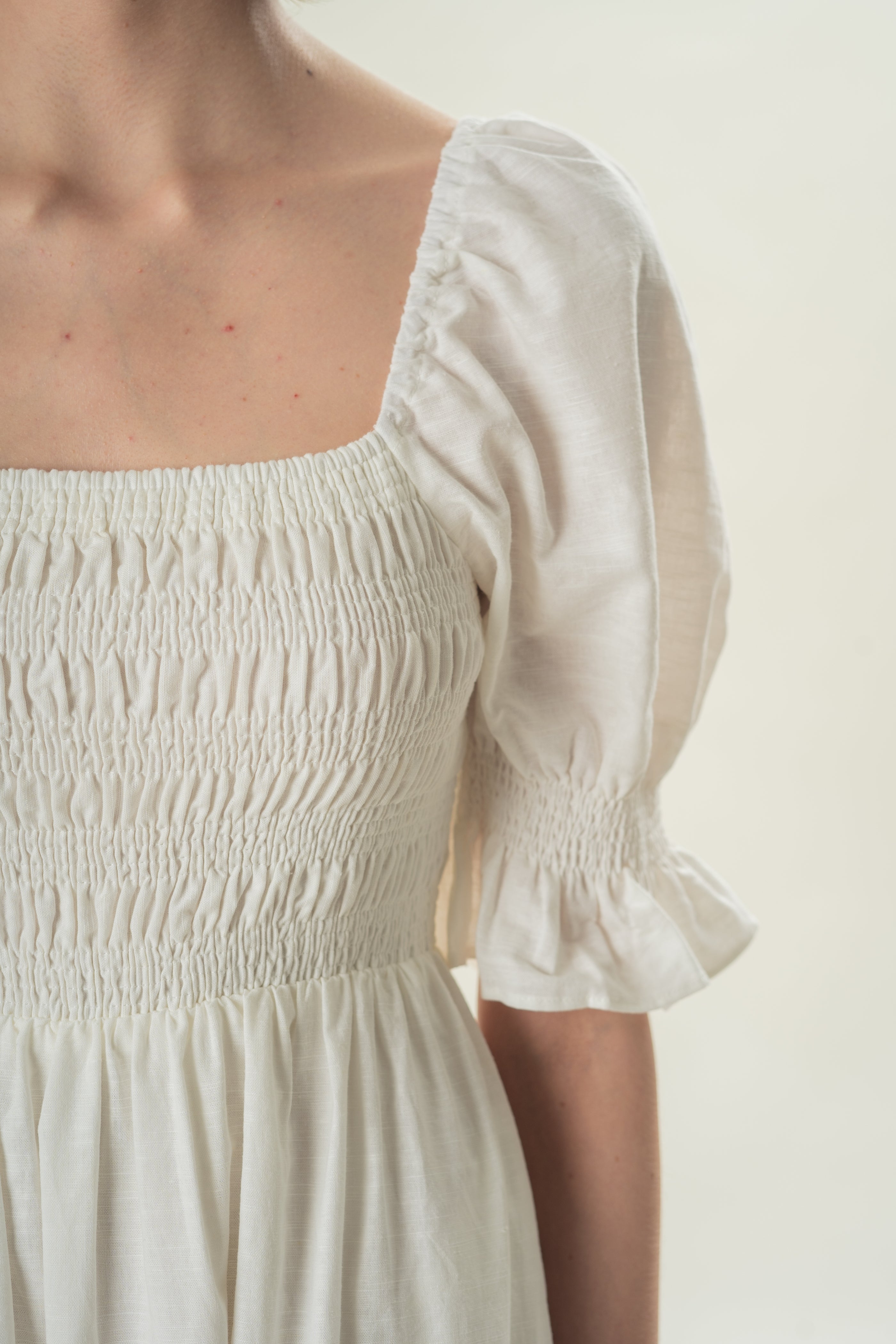 Puff Sleeve Midi Dress With Smocking Details in White