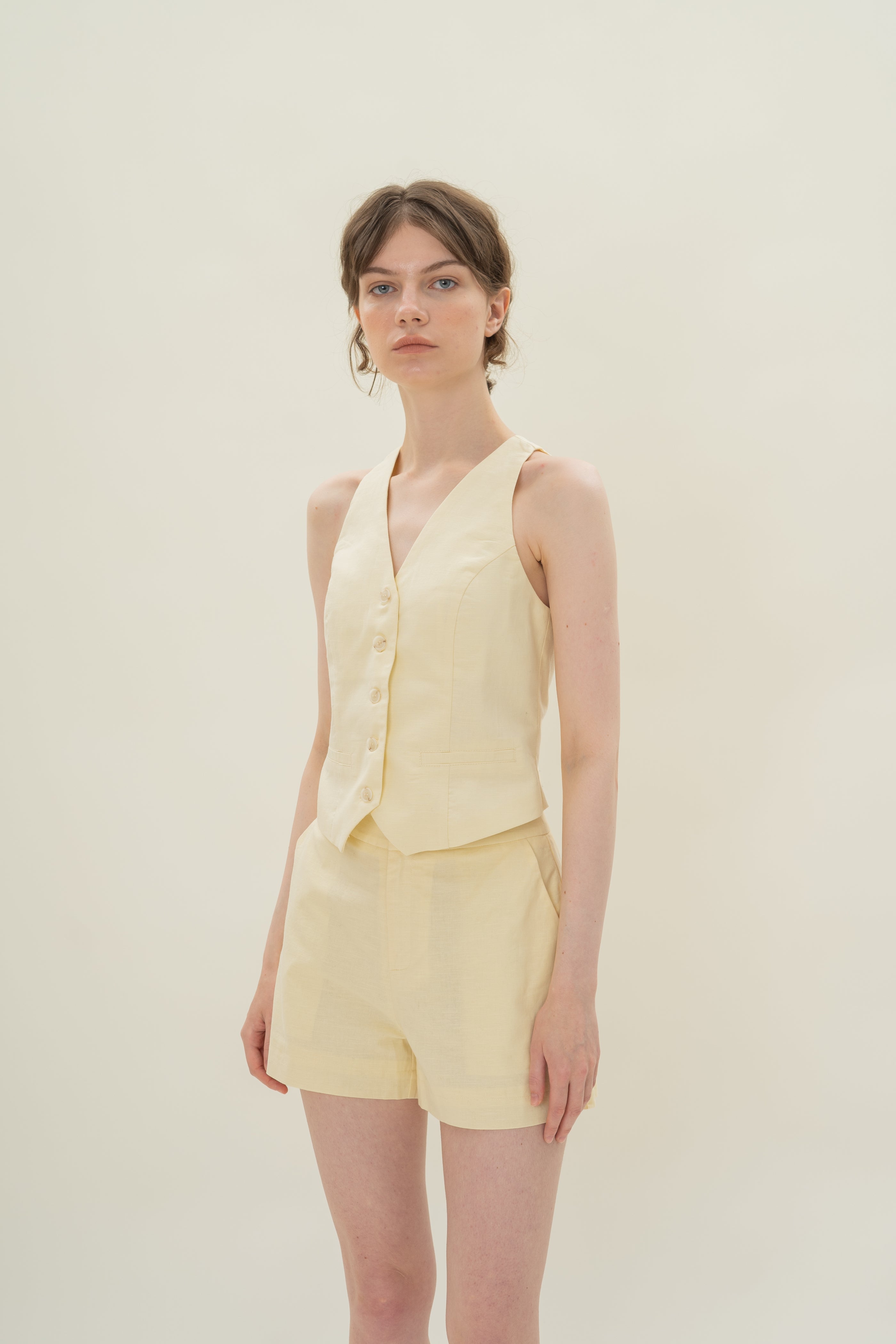 Linen Halter Padded Waistcoat in Eggnog