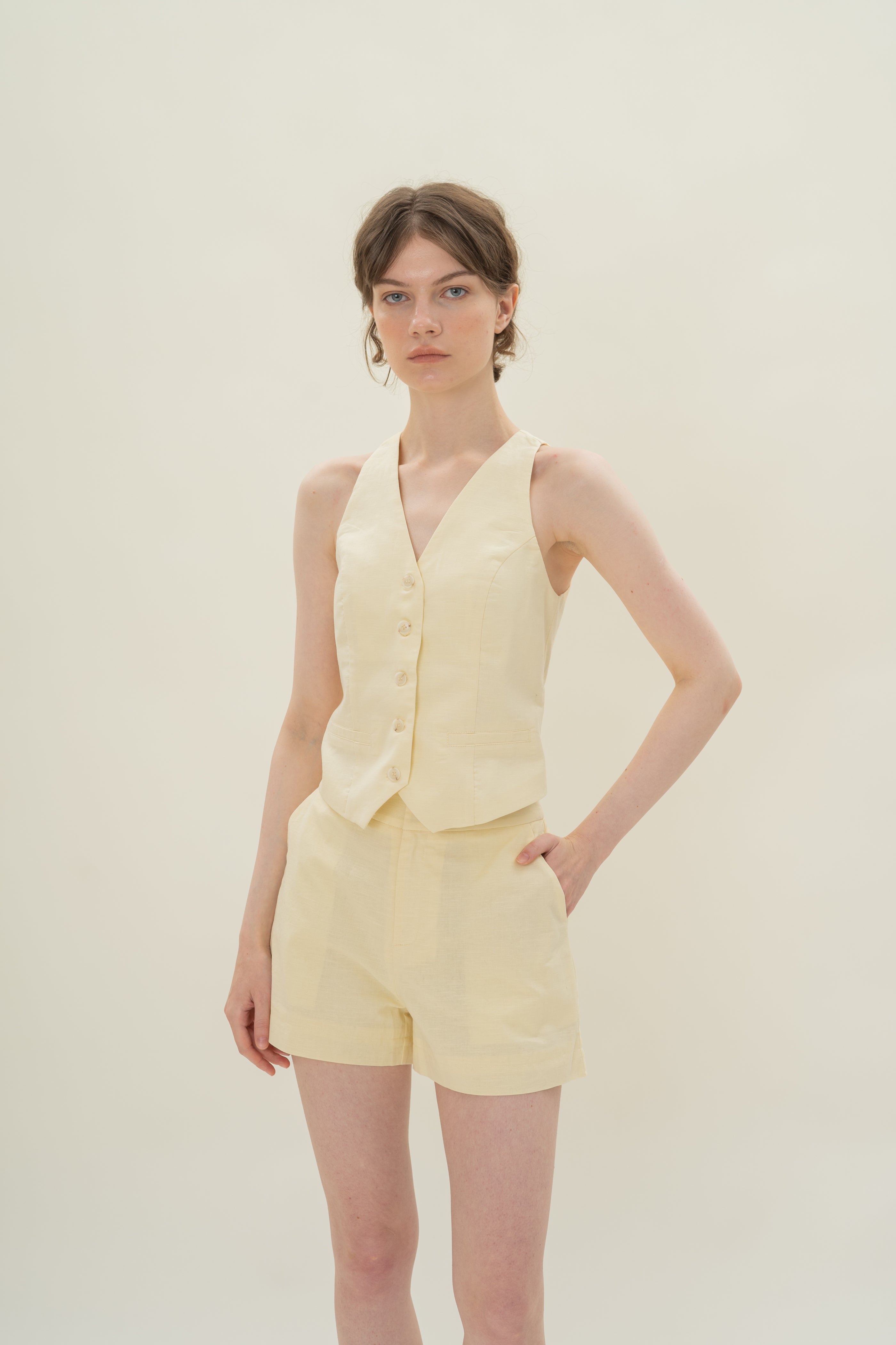 Linen Halter Padded Waistcoat in Eggnog