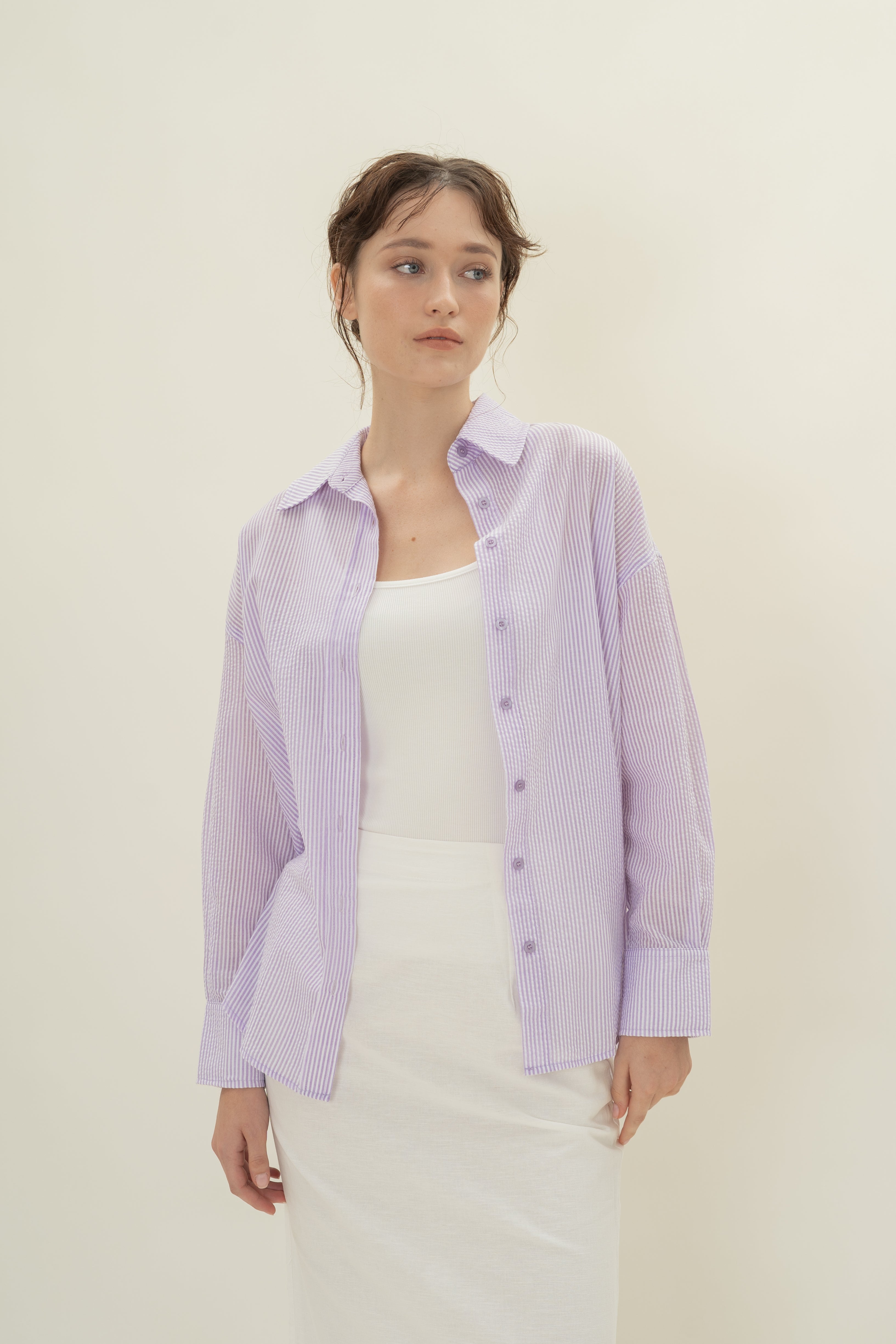Cruise Long Sleeved Shirt in Seersucker Orchid Stripes