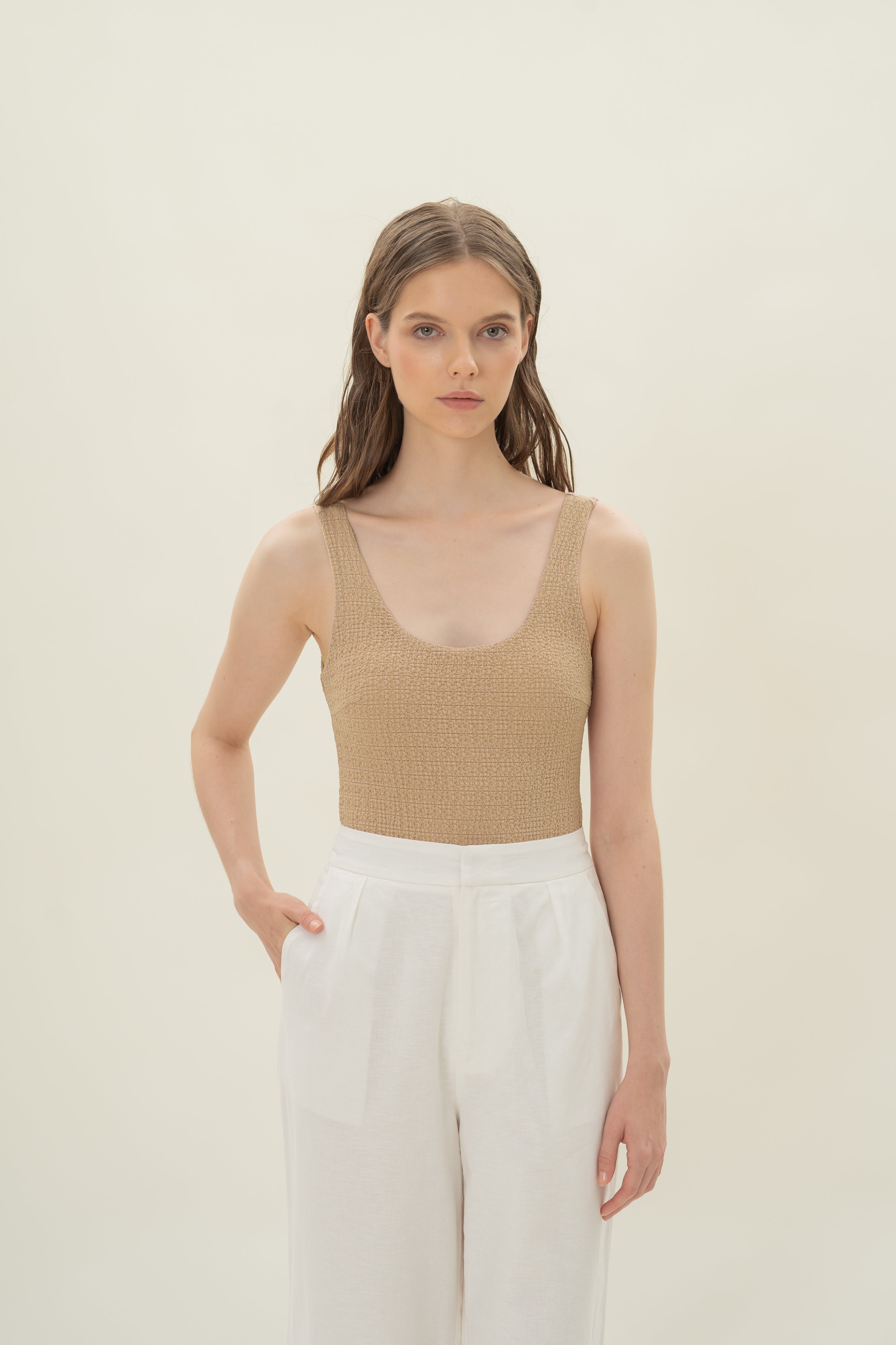 Textured Stretch Bodysuit in Sand