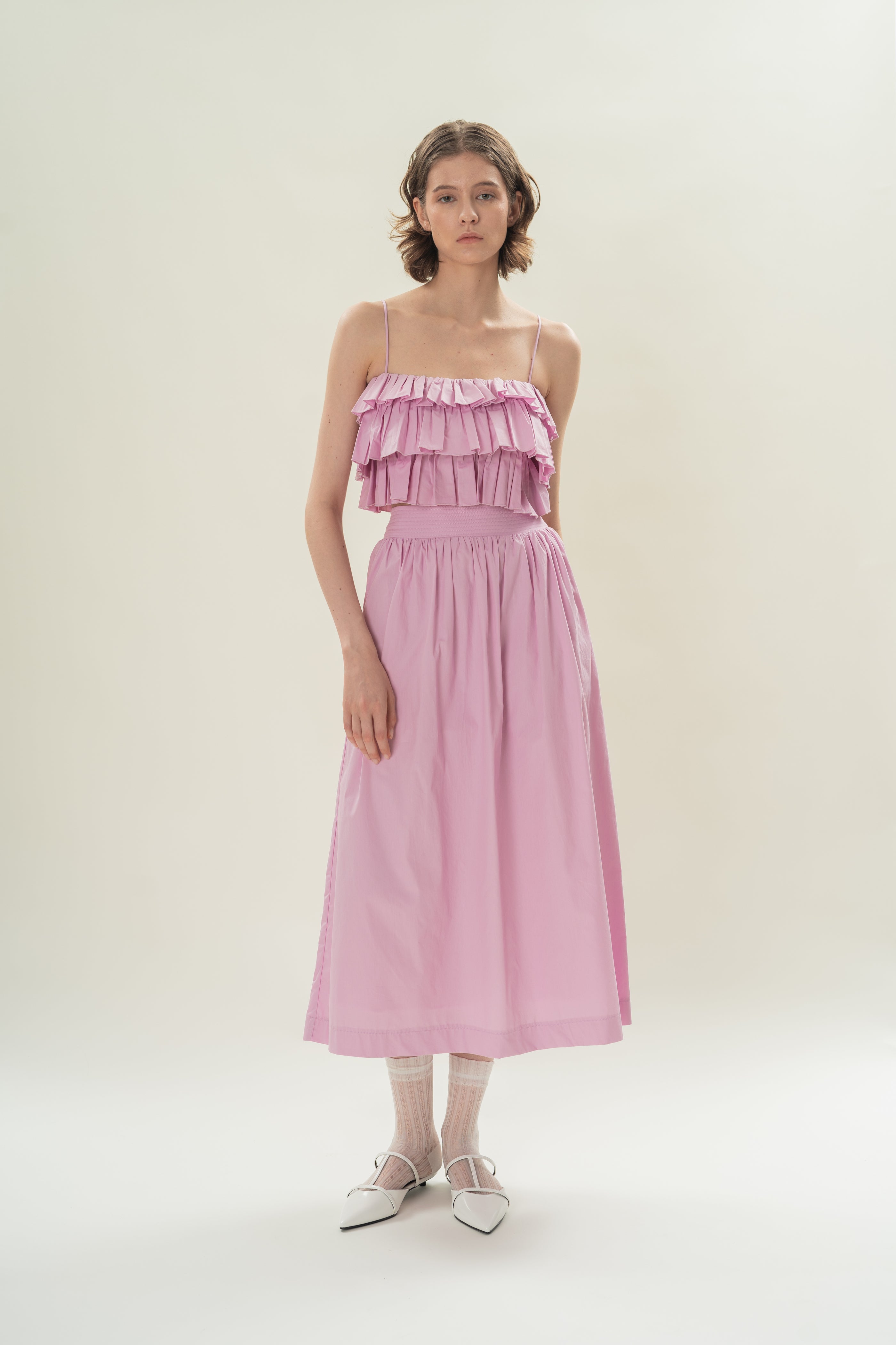 Stitched Waistband Gathered Midi Skirt in Hibiscus