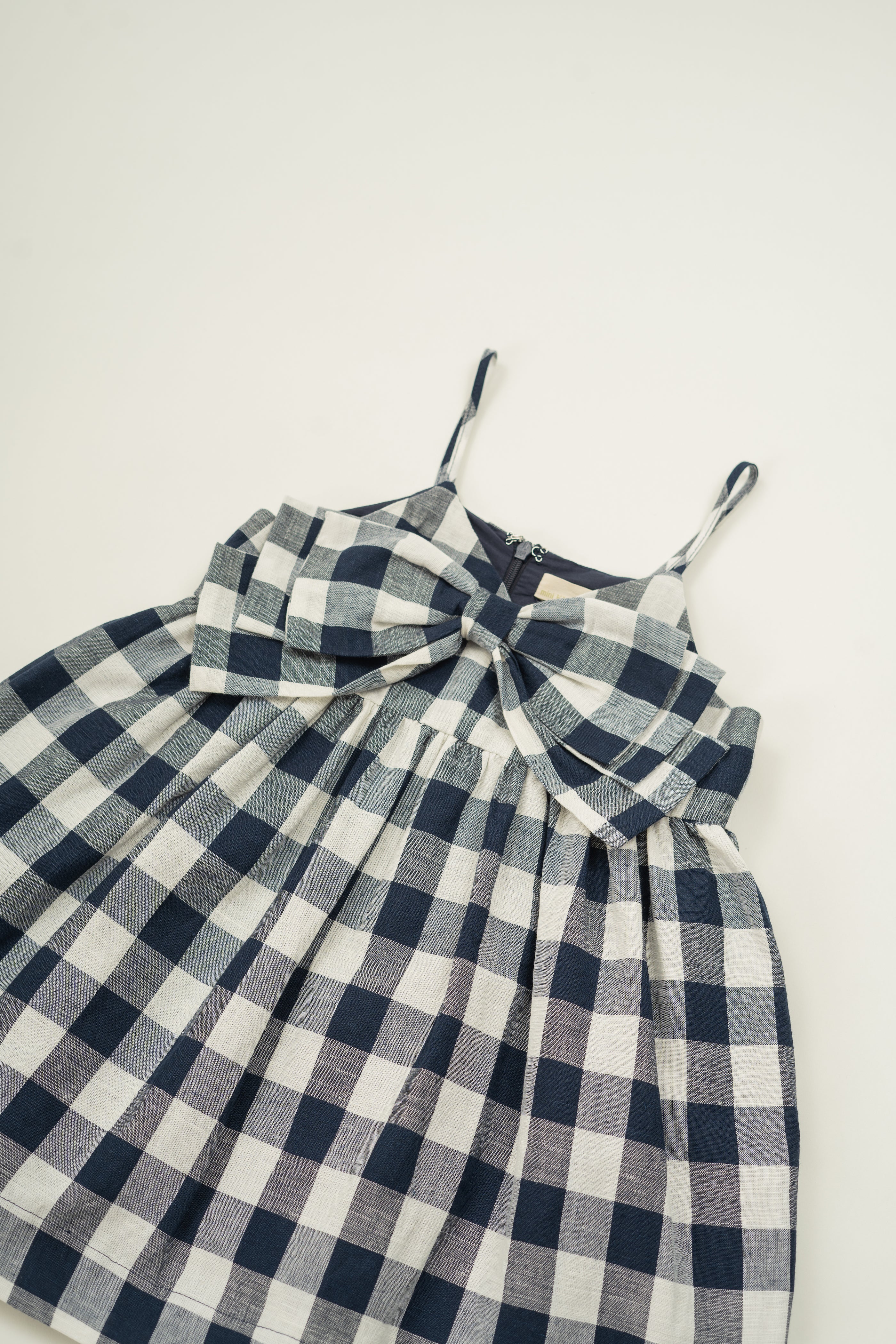 Mini Sleeveless Dress With Detachable Bow in Navy Gingham