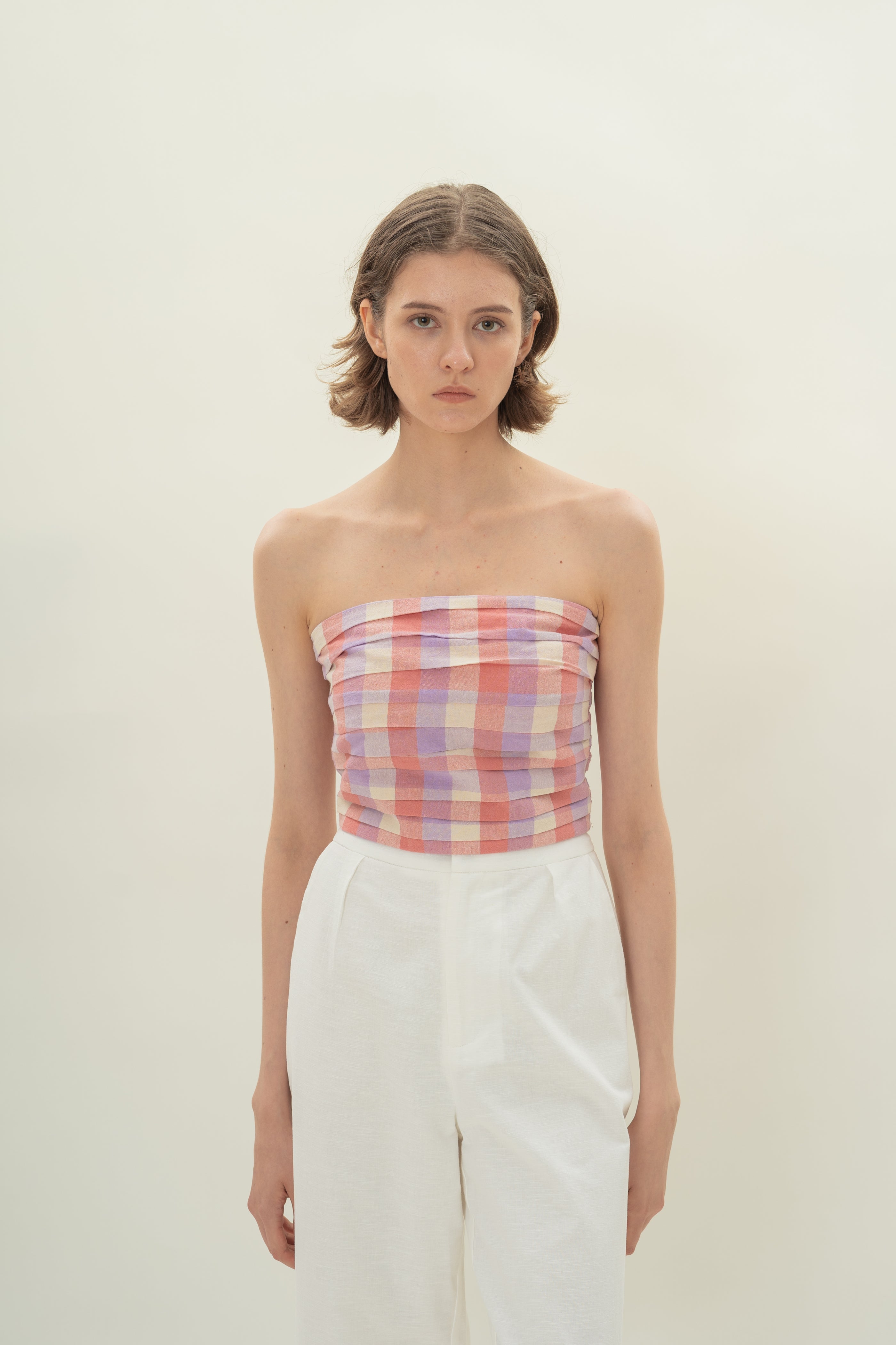 Ruched Bandeau Top in Joie Gingham