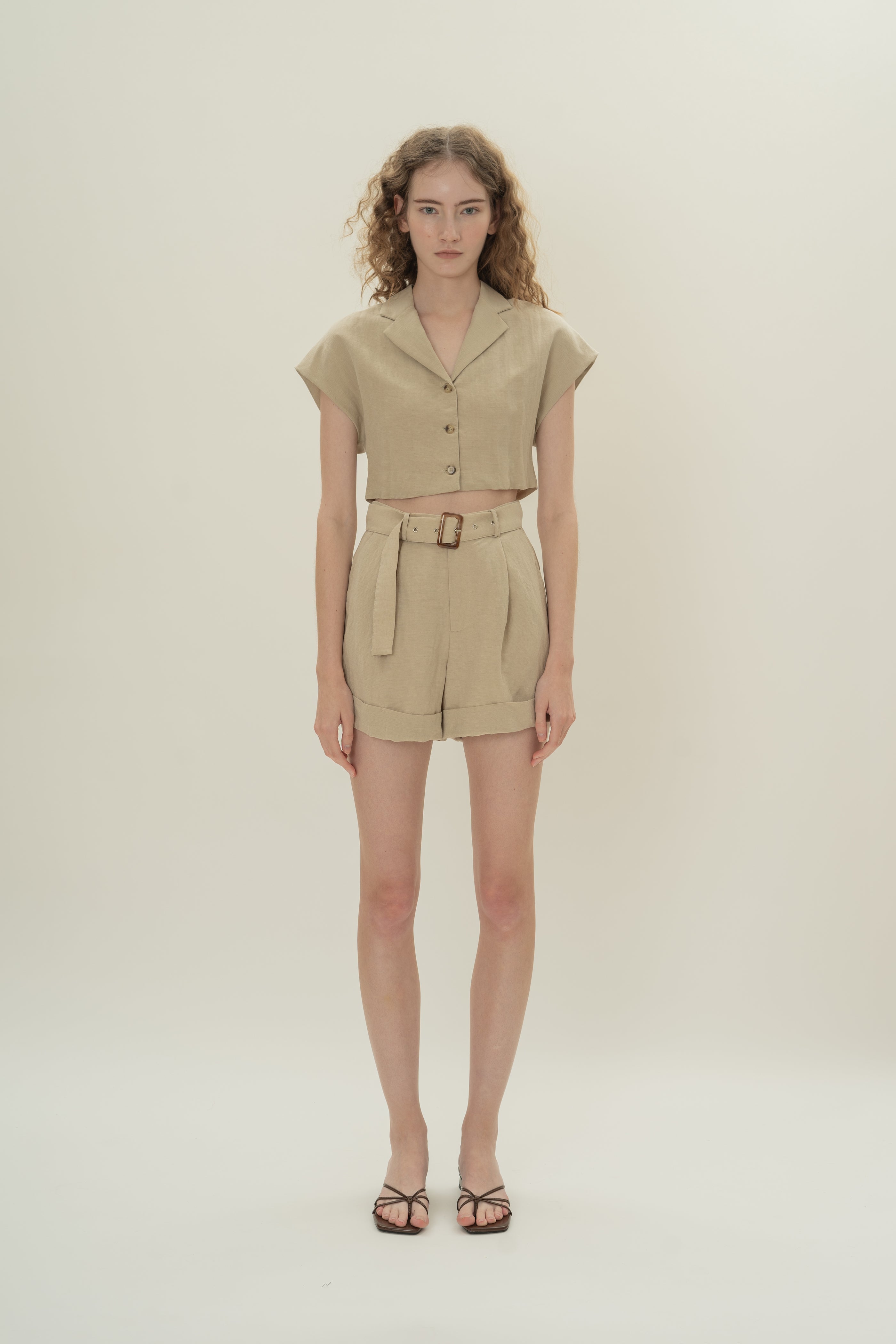Belted Pleated Shorts in Khaki
