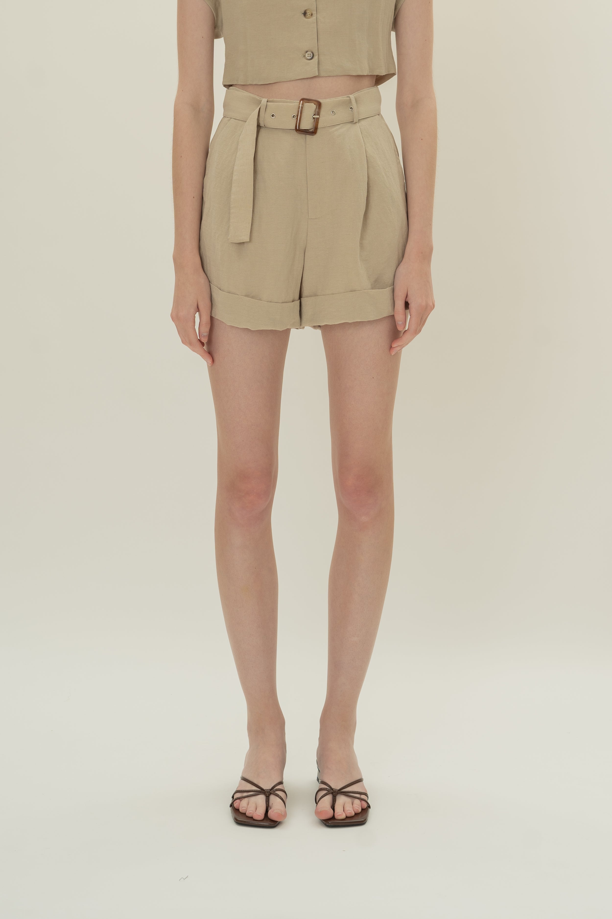 Belted Pleated Shorts in Khaki