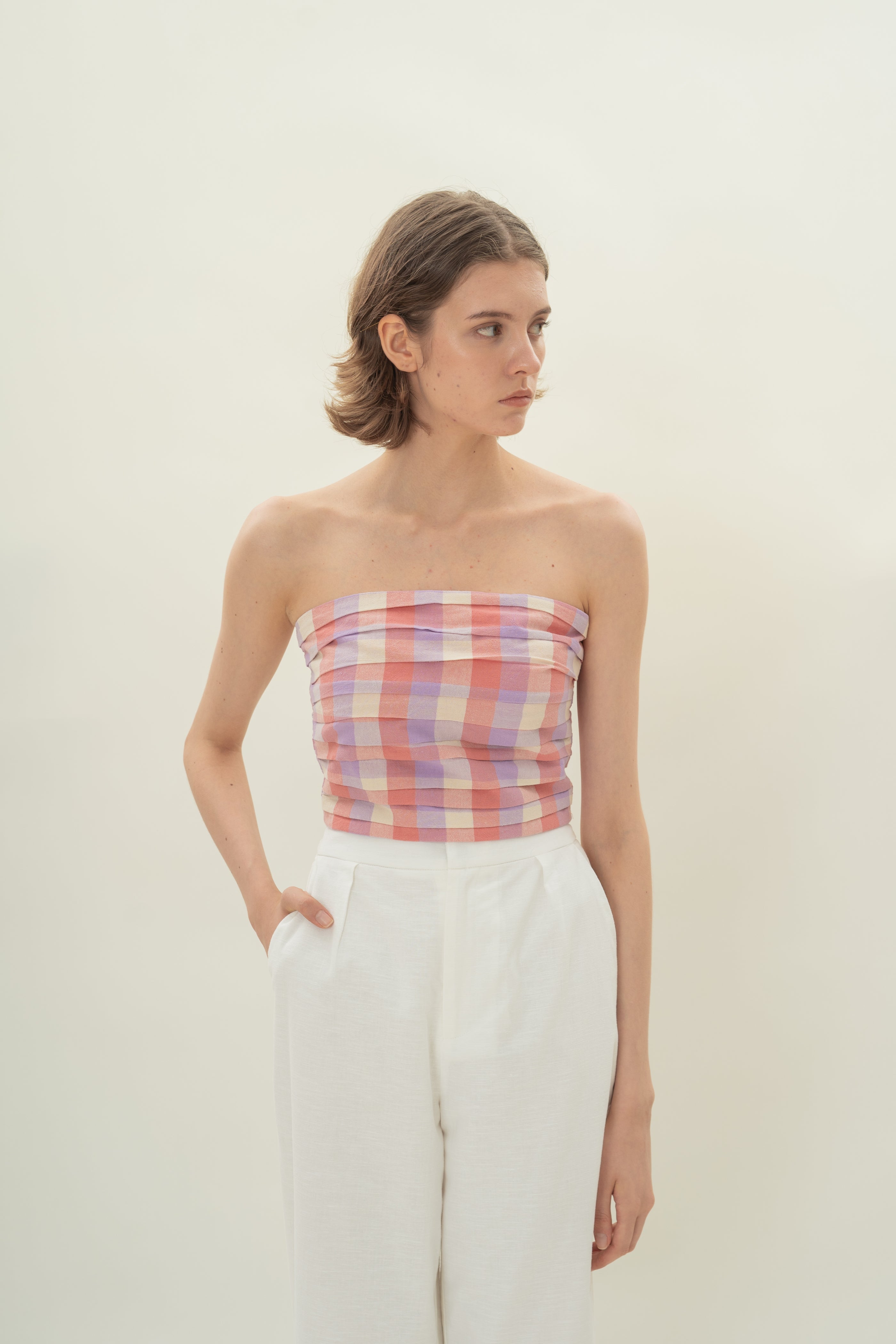 Ruched Bandeau Top in Joie Gingham