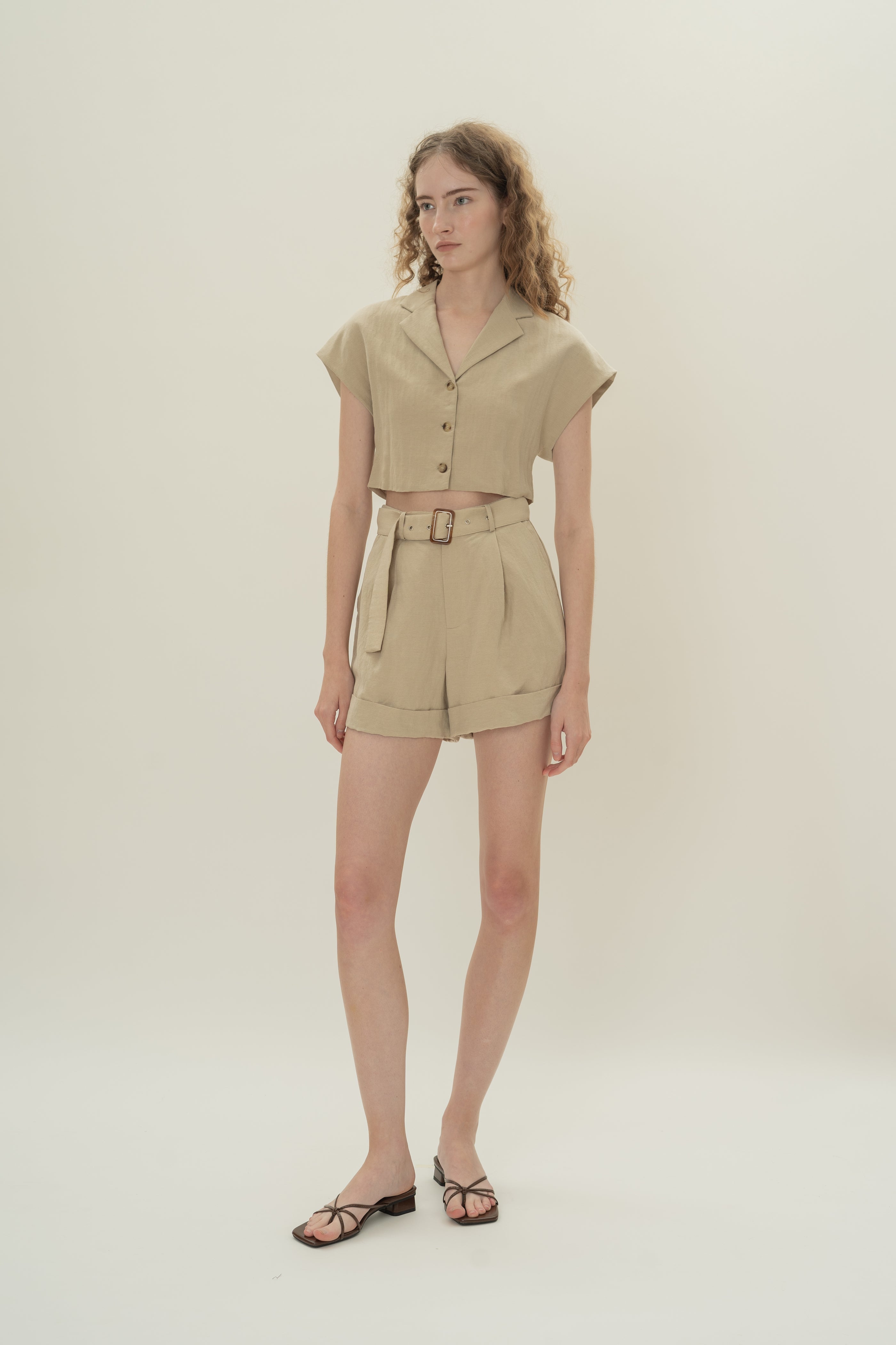 Belted Pleated Shorts in Khaki