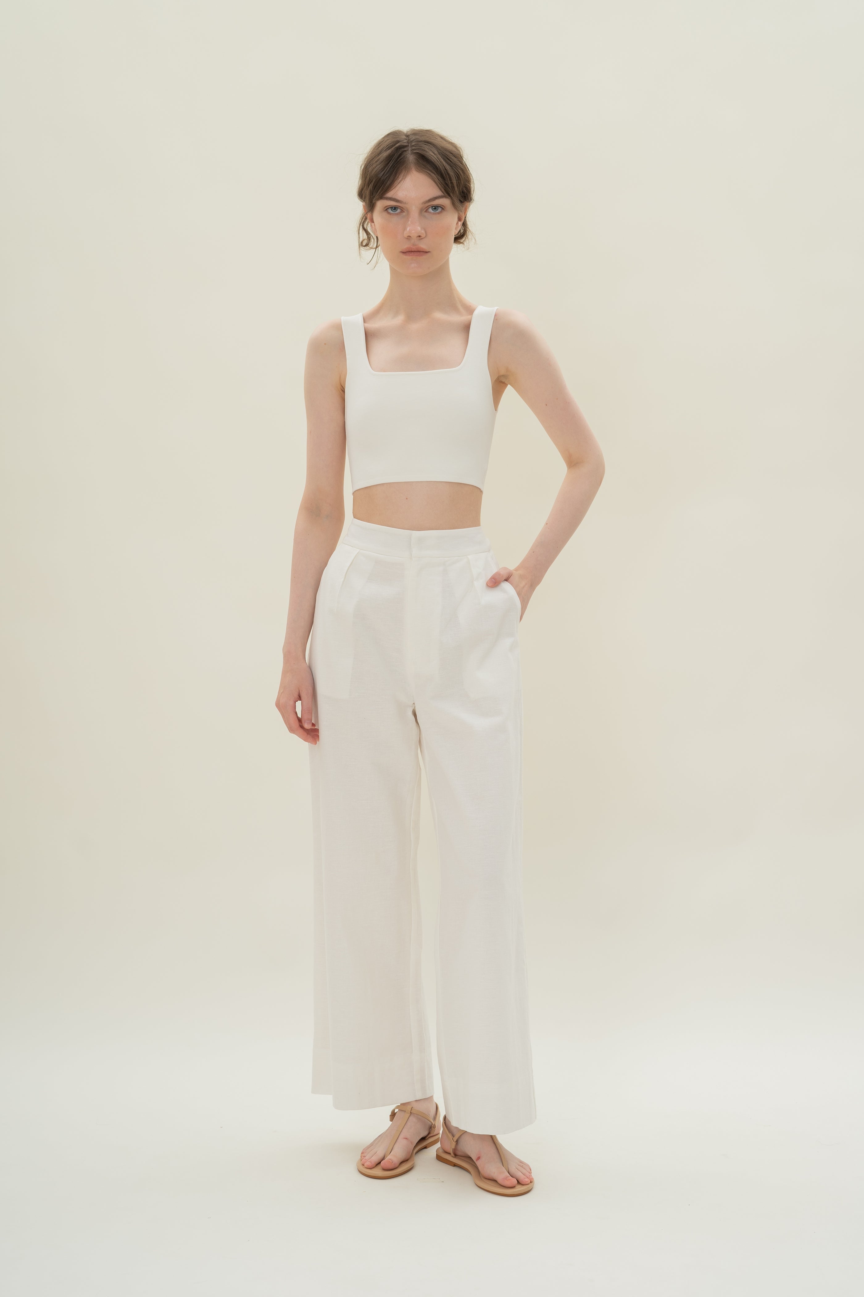 Textured Linen Trousers in White