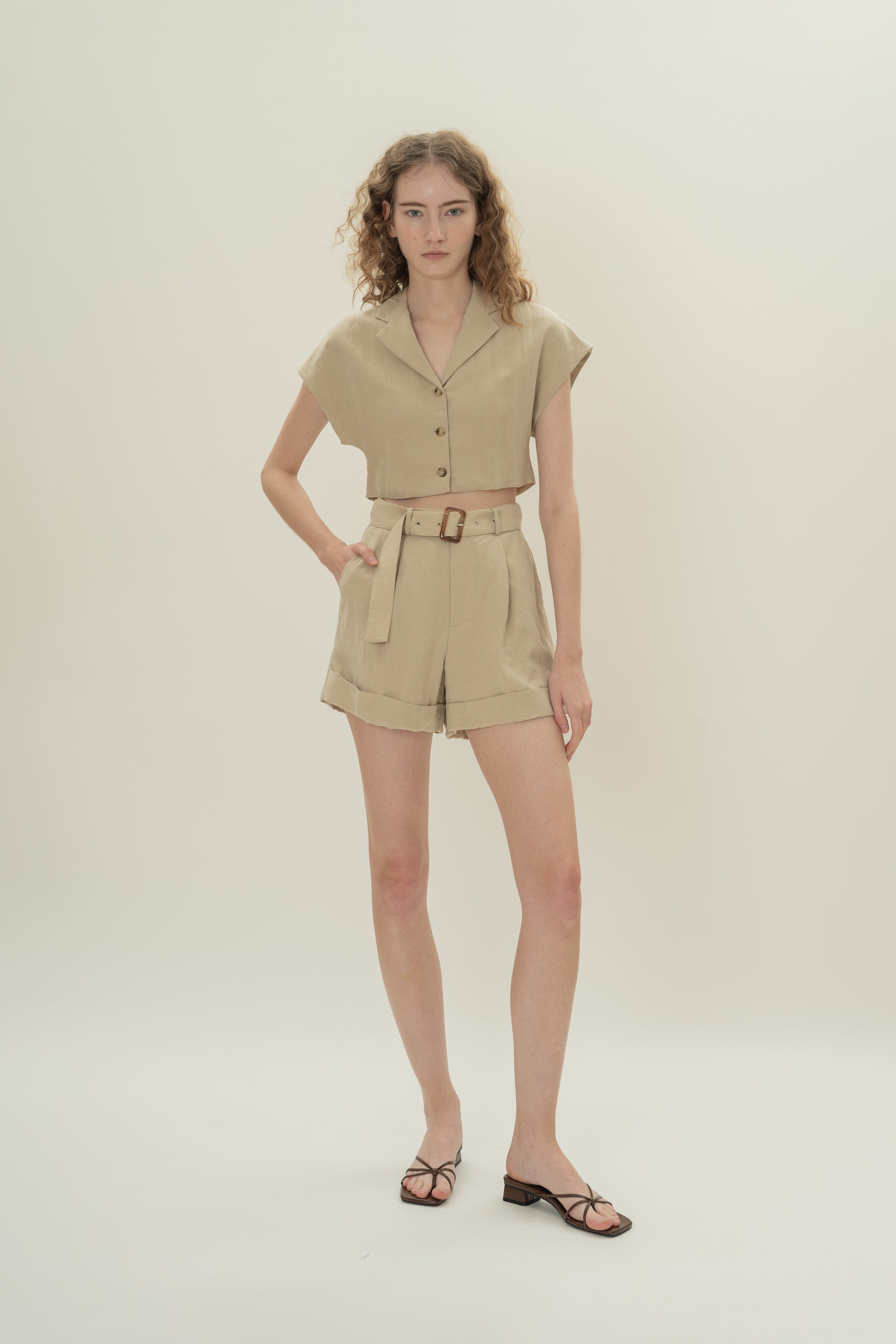 Belted Pleated Shorts in Khaki