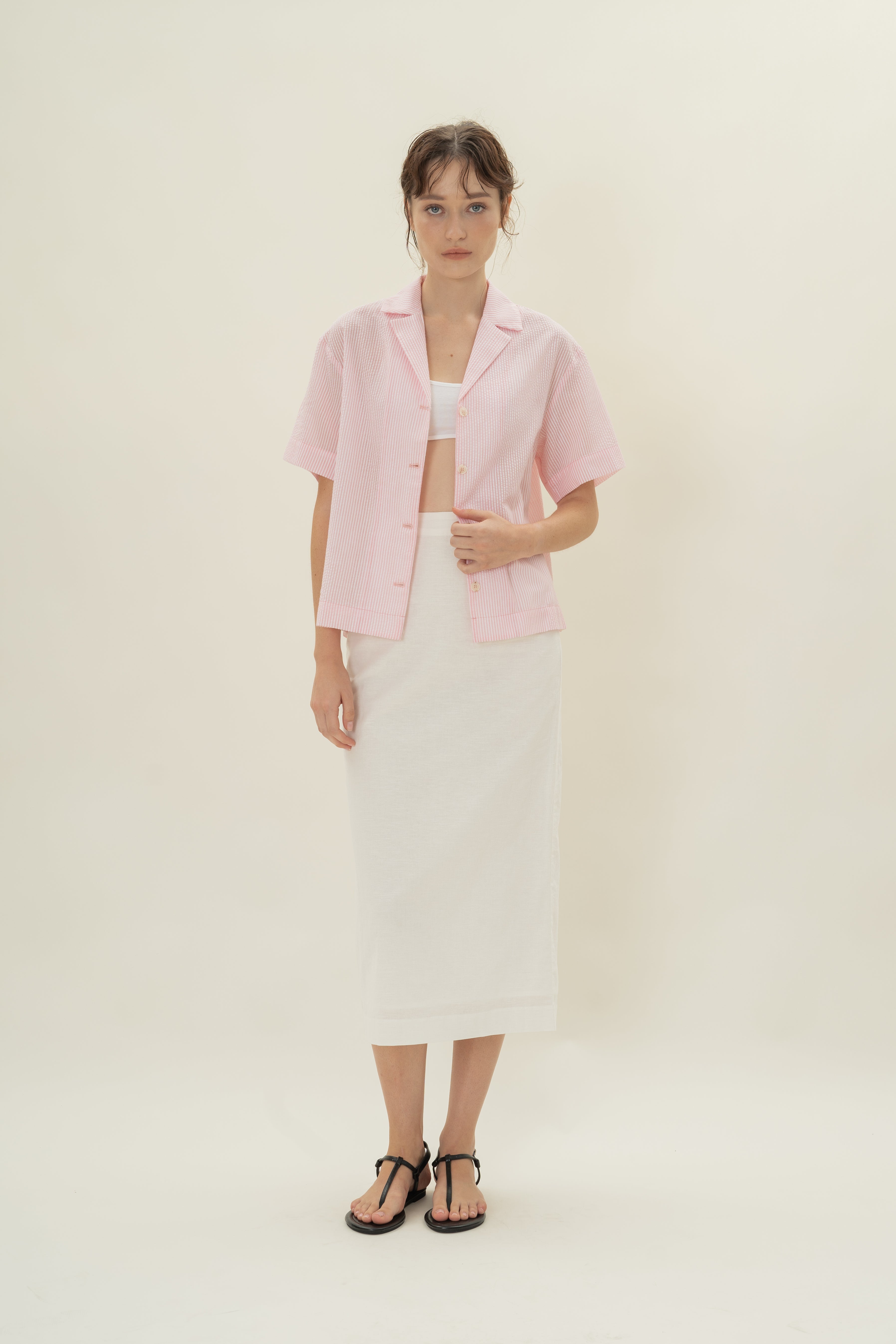 Cruise Short Sleeved Shirt in Seersucker Pink Stripes
