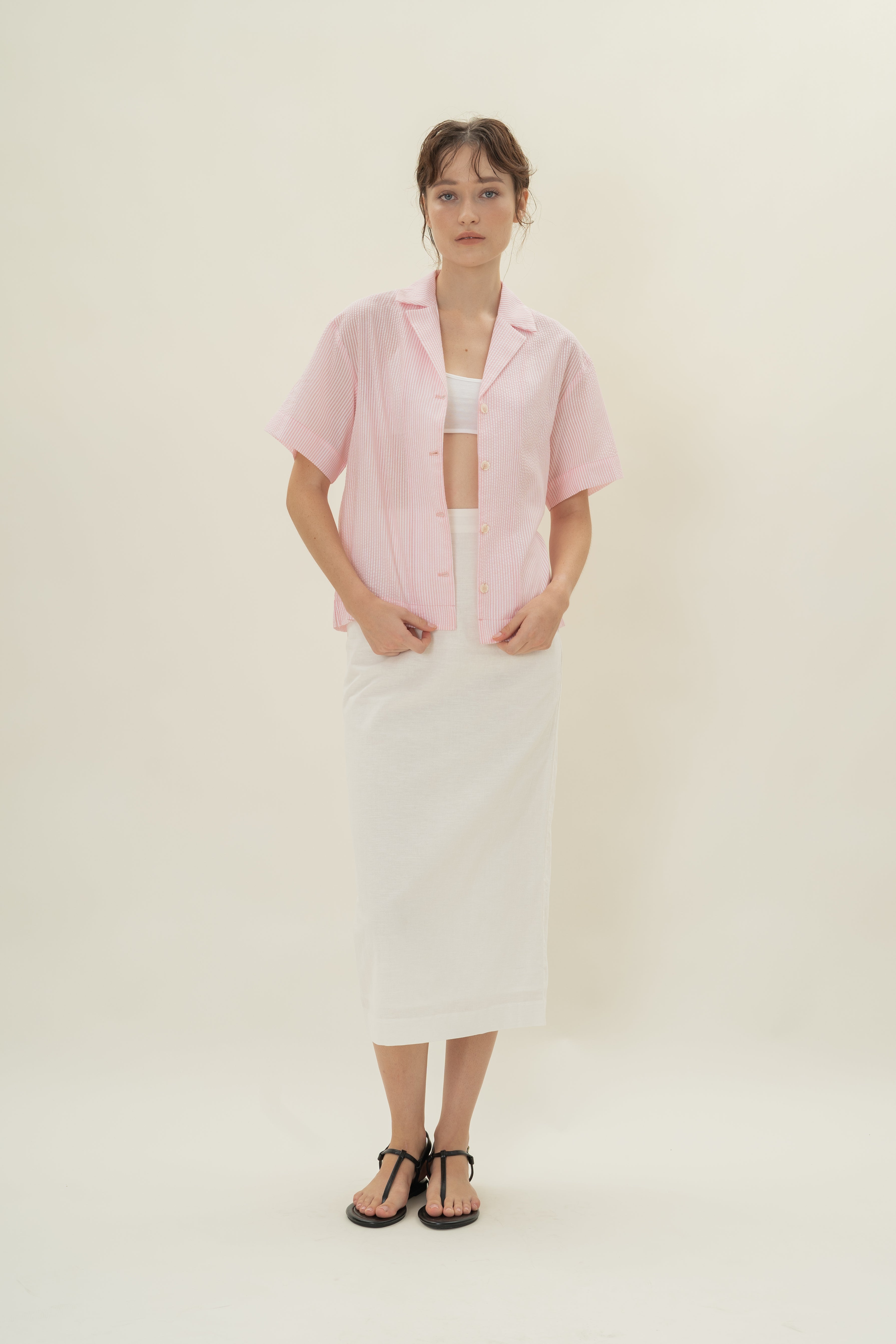 Cruise Short Sleeved Shirt in Seersucker Pink Stripes