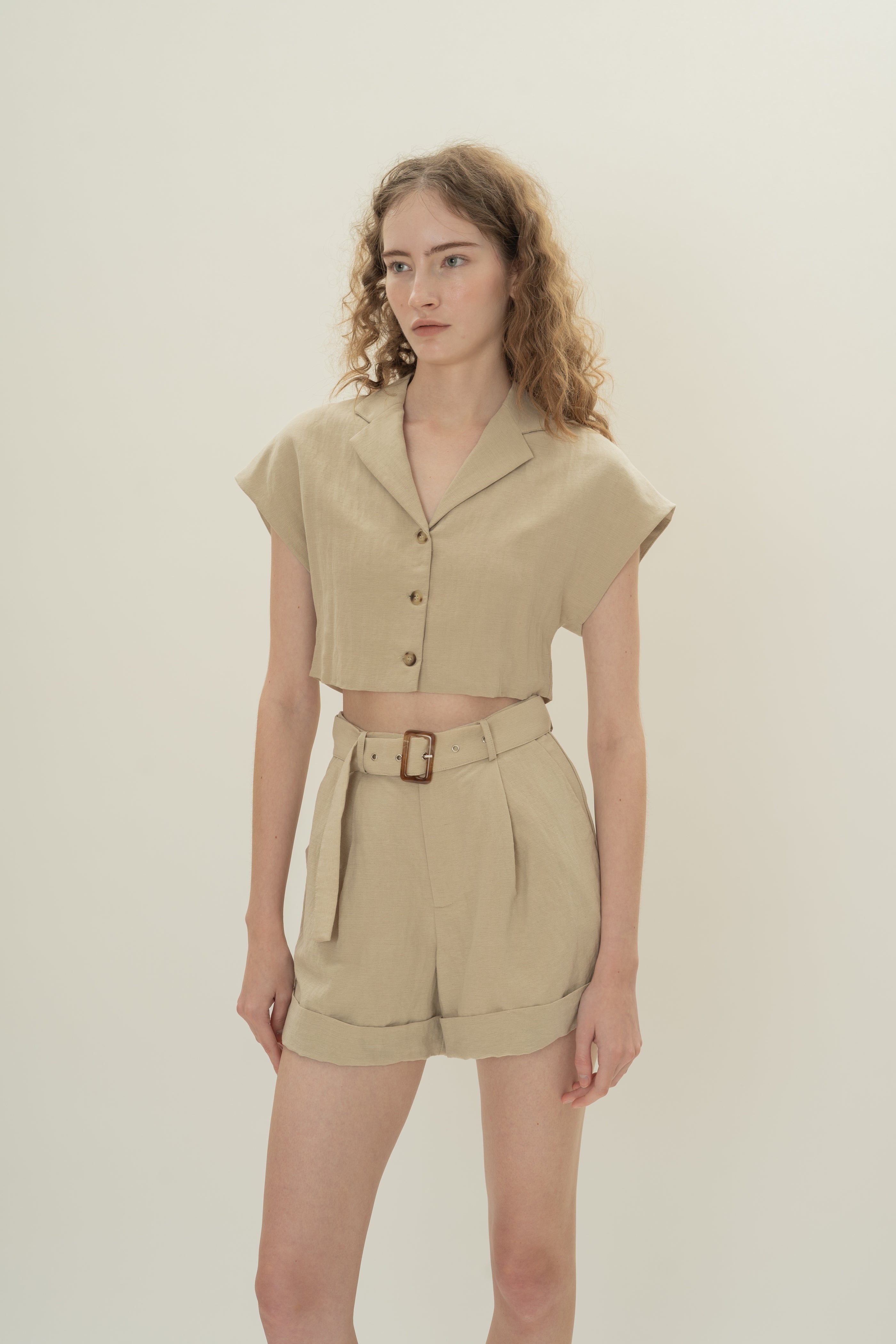 Belted Pleated Shorts in Khaki