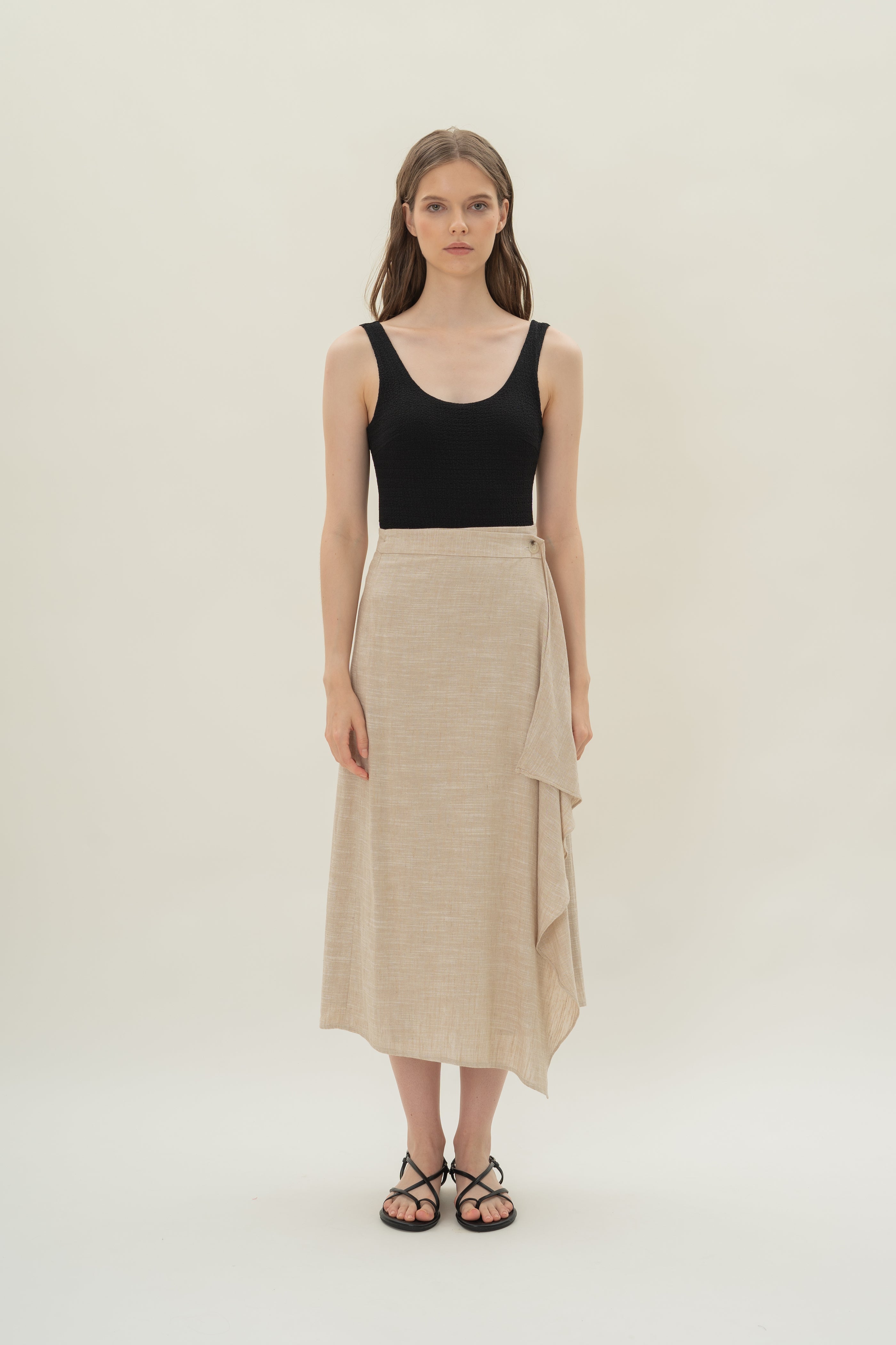 Linen Blend Wrap Skirt in Natural