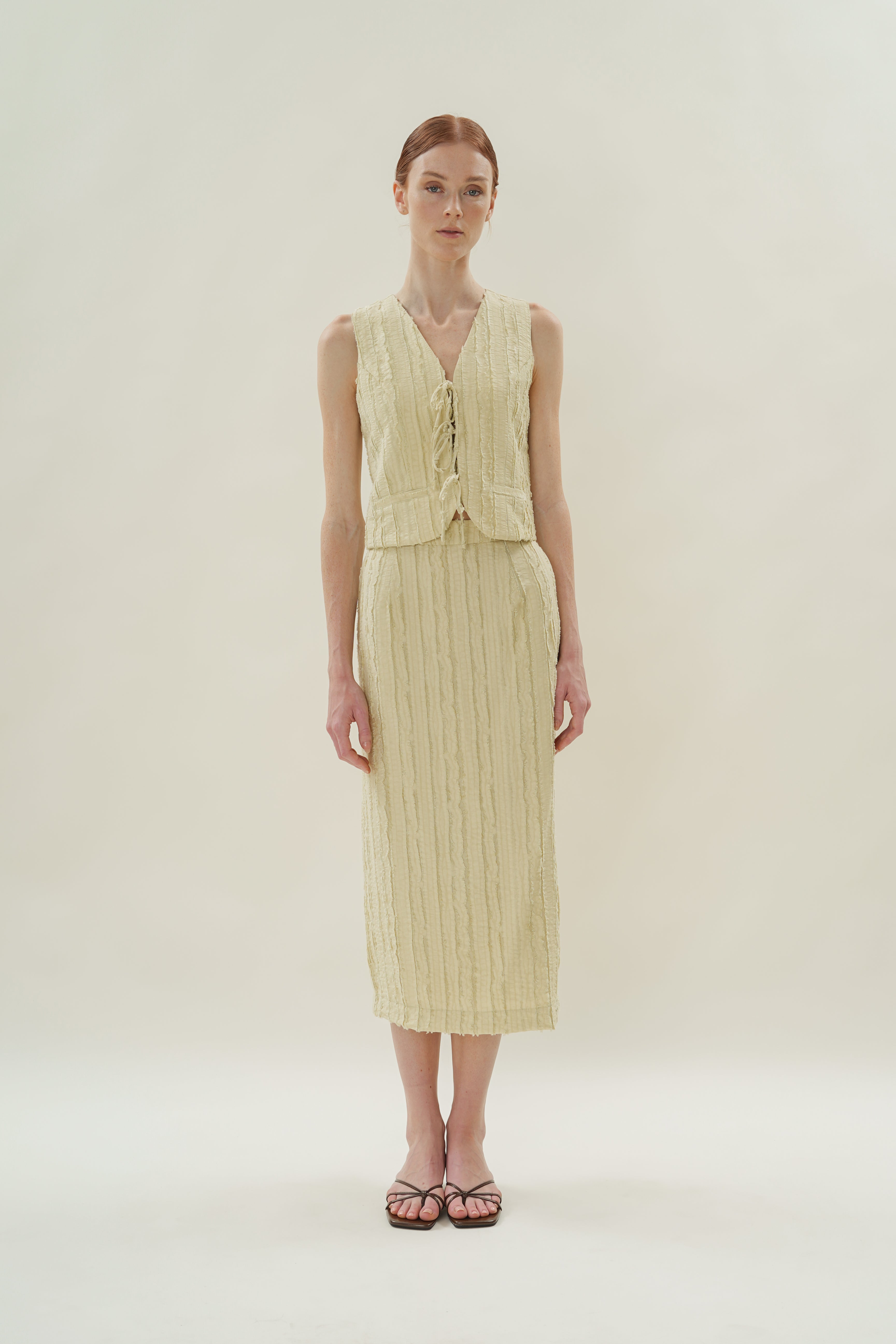 Soft Textured Sleeveless Tie-Detailed Waistcoat in Sage