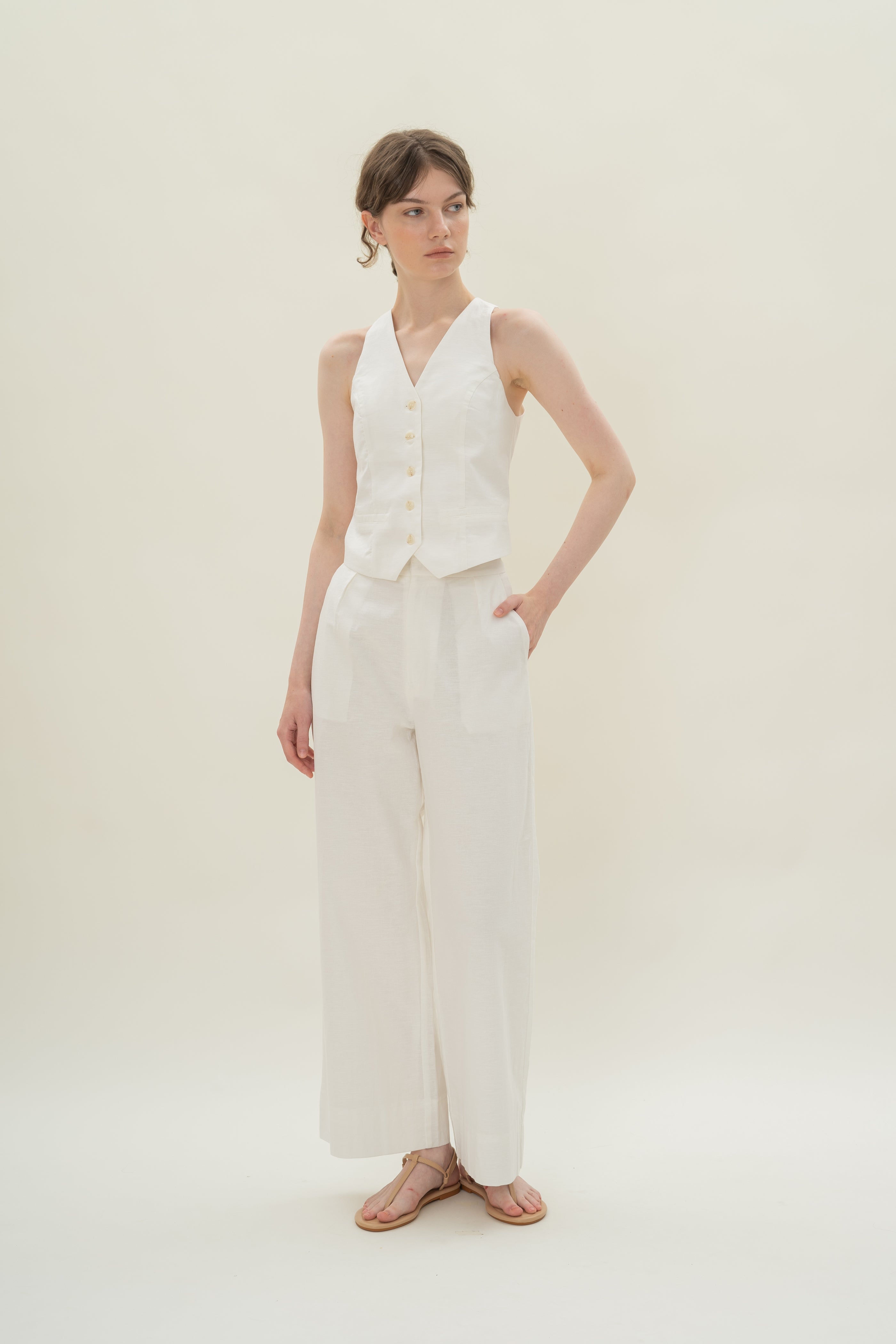 Textured Linen Trousers in White