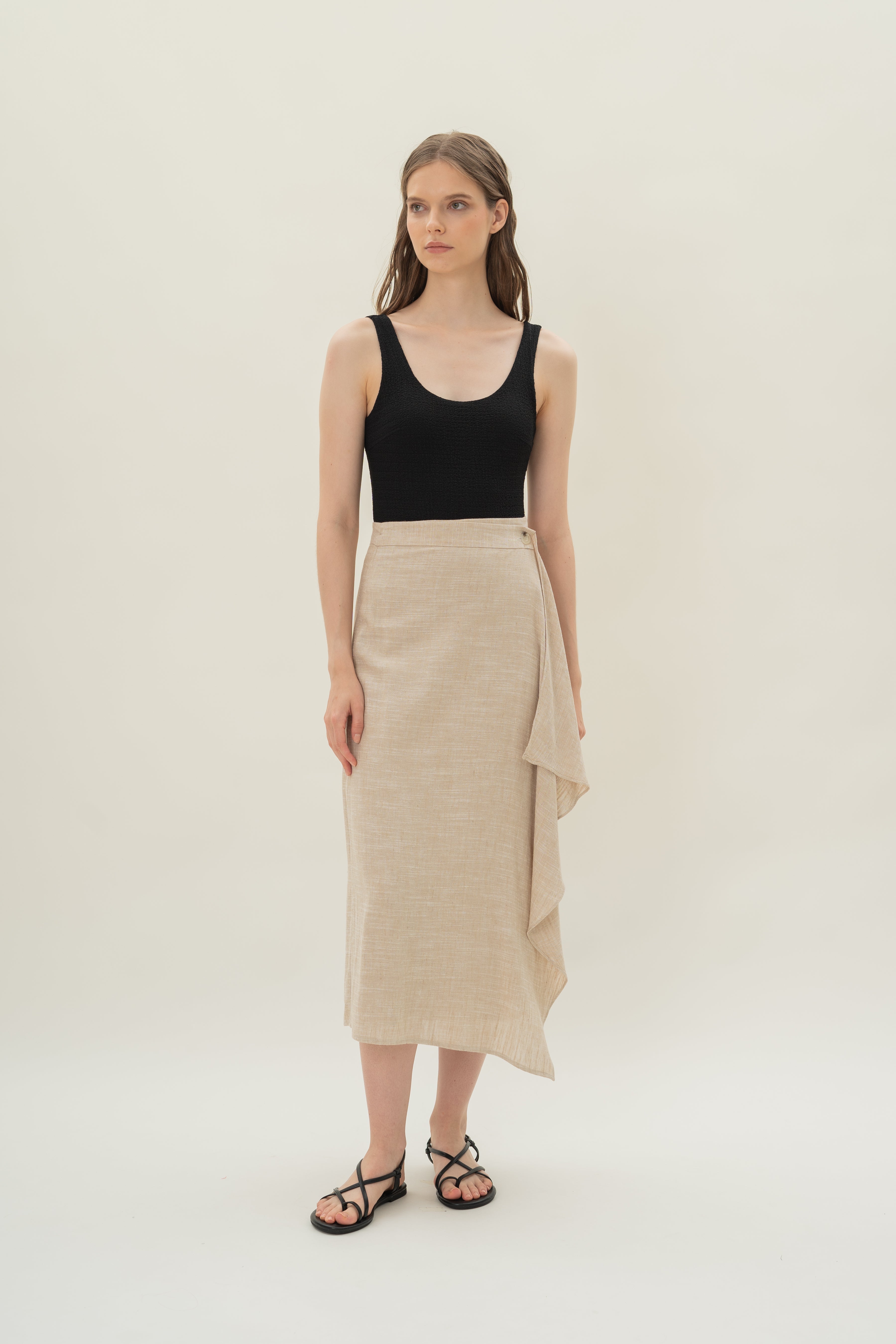 Linen Blend Wrap Skirt in Natural