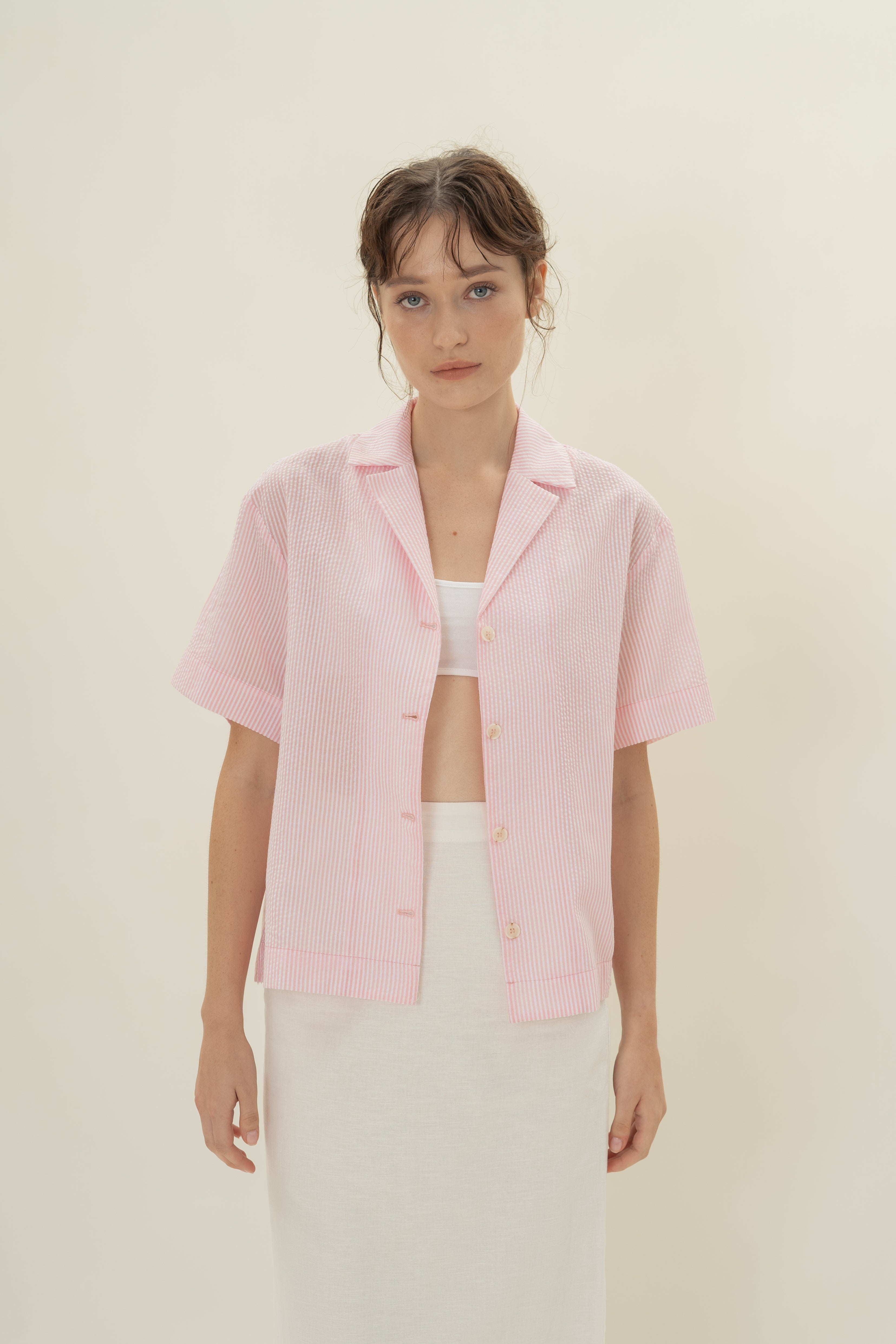 Cruise Short Sleeved Shirt in Seersucker Pink Stripes