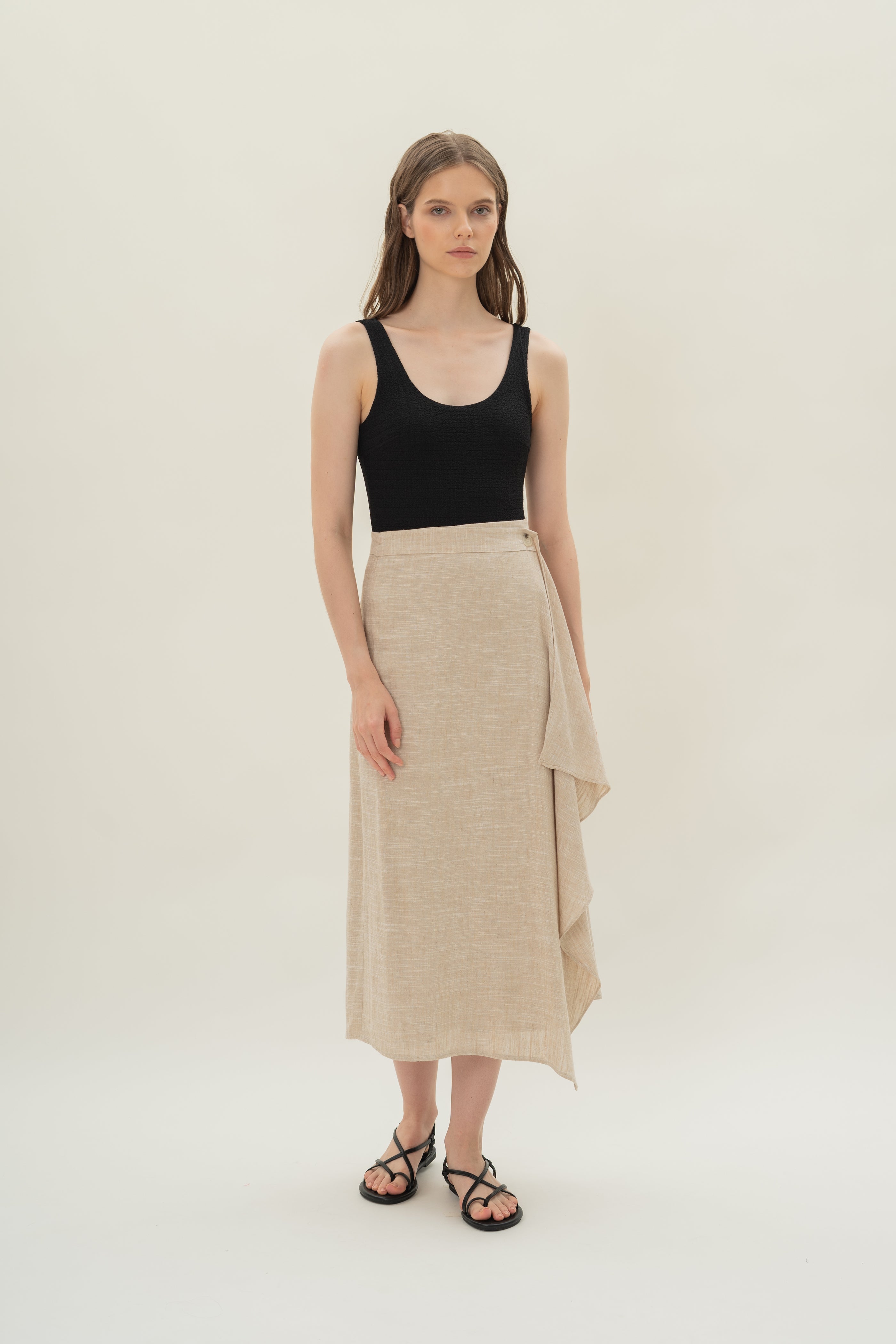 Linen Blend Wrap Skirt in Natural